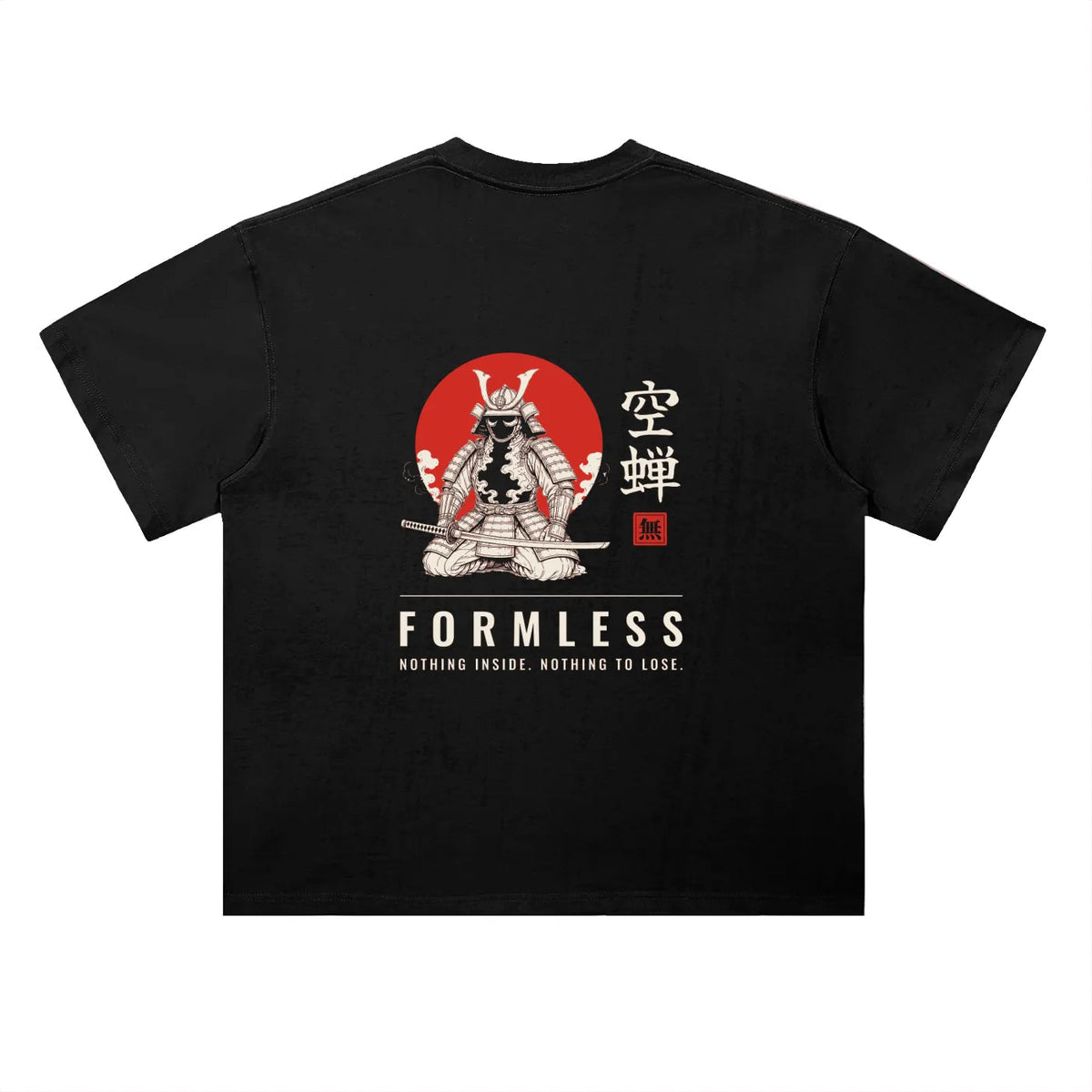 UTSUSEMI heavyweight boxy graphic tee in Black, second flat back view with samurai armour print | Formless
