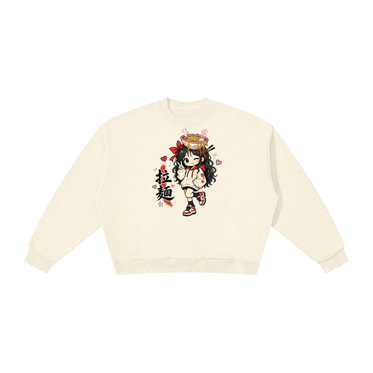 RAMEN GIRL 拉麺 boxy fleece sweatshirt in Apricot, front view: a ramen girl with a ramen bowl on her head and 拉麺 brush kanji | Formless