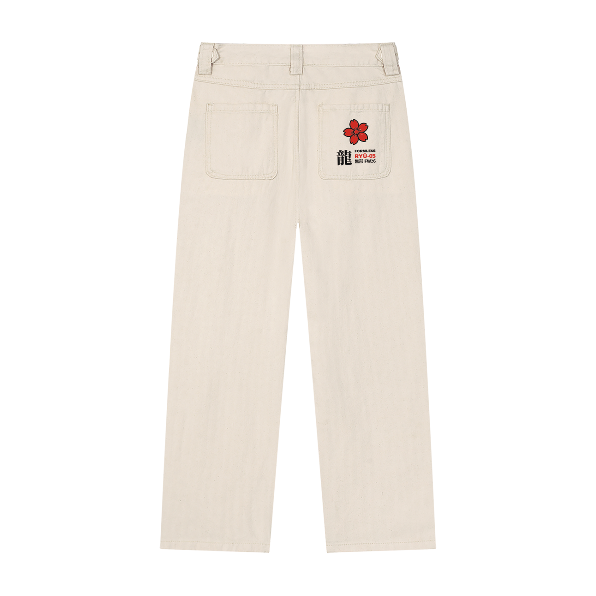 RYŪ ecru straight leg jeans with red sakura and 龍 FORMLESS mark on the right back pocket – back | Formless