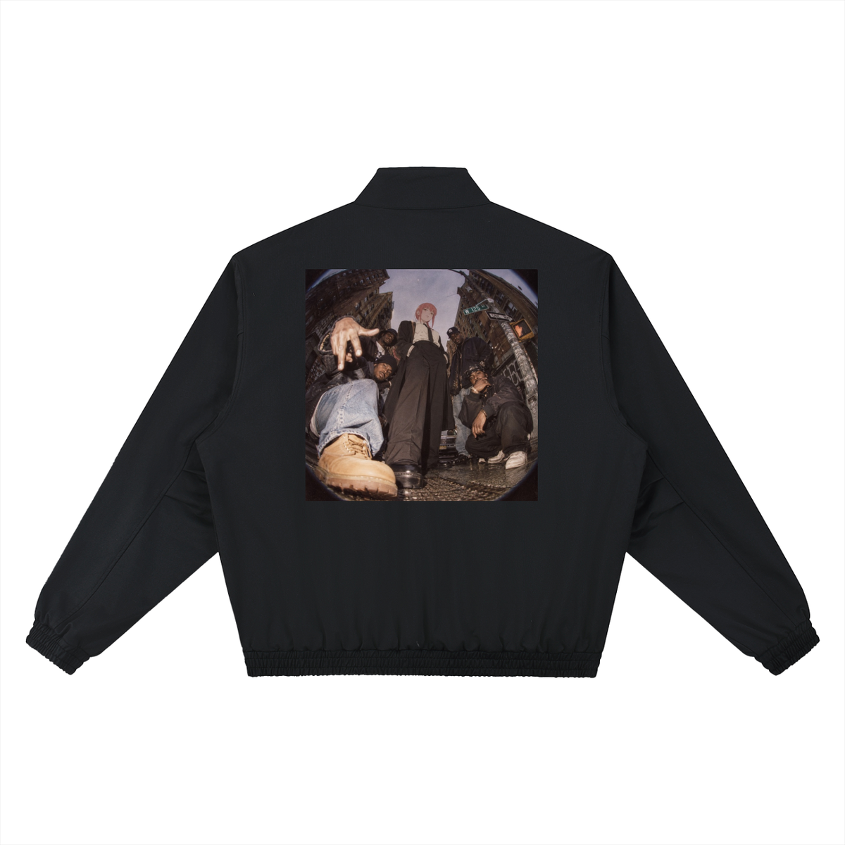 Black stand collar bomber jacket, flat back view with square photo graphic | Formless