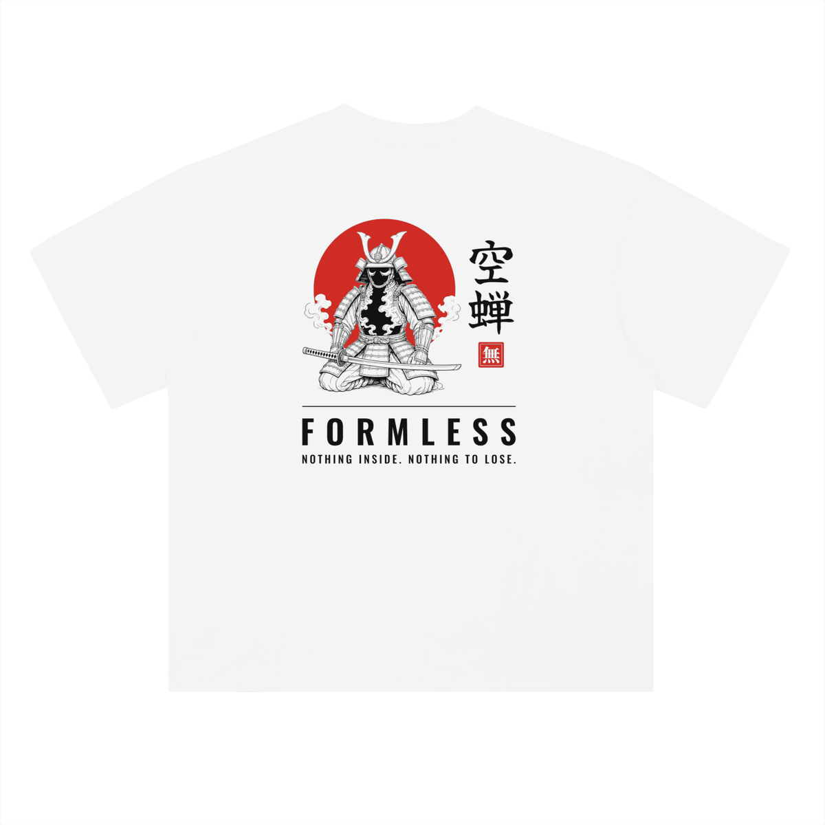 UTSUSEMI heavyweight boxy graphic tee in White, flat back view with samurai armour and red sun print | Formless