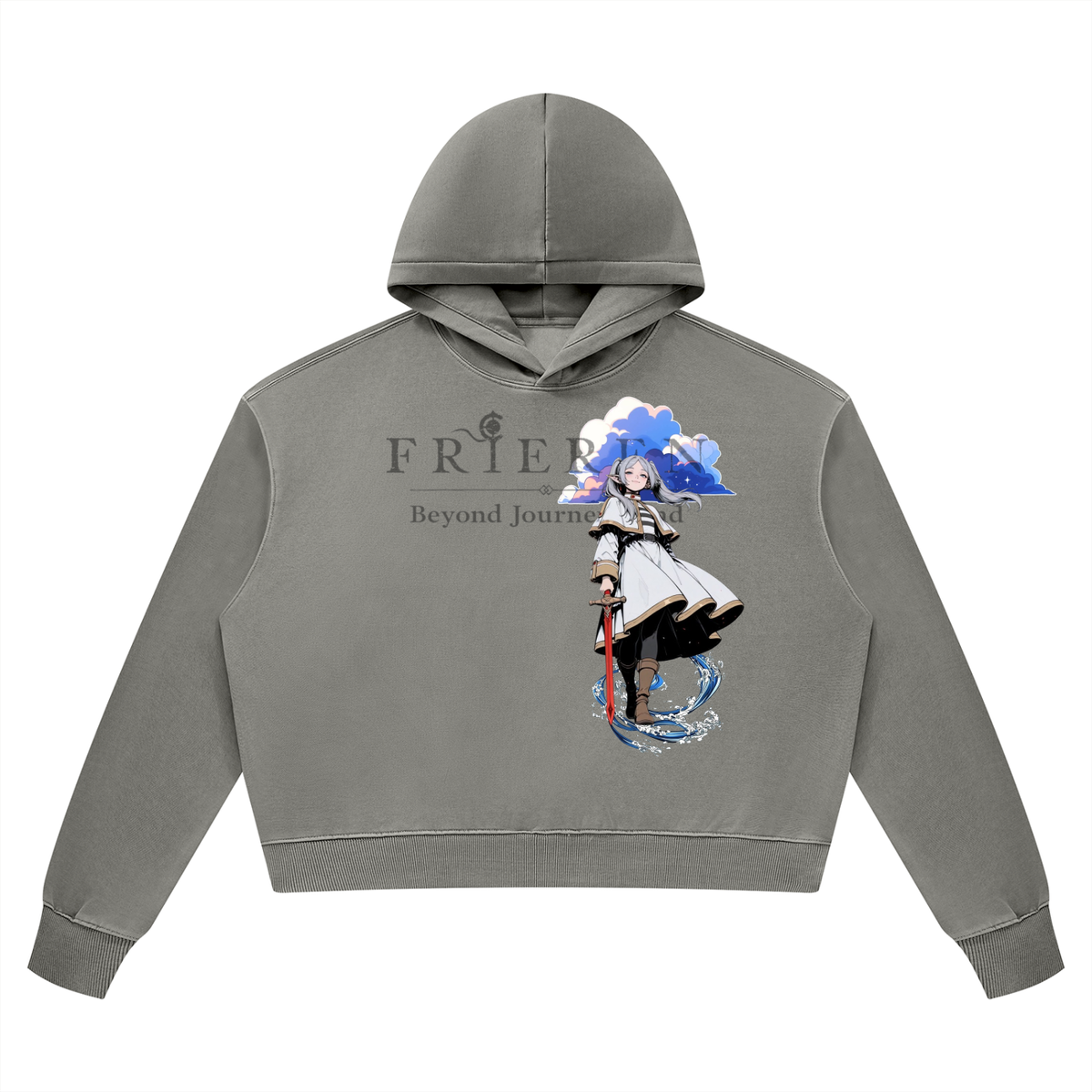 Women's vintage wash cropped hoodie in Light Gray, flat front view with illustrated chest graphic | Formless
