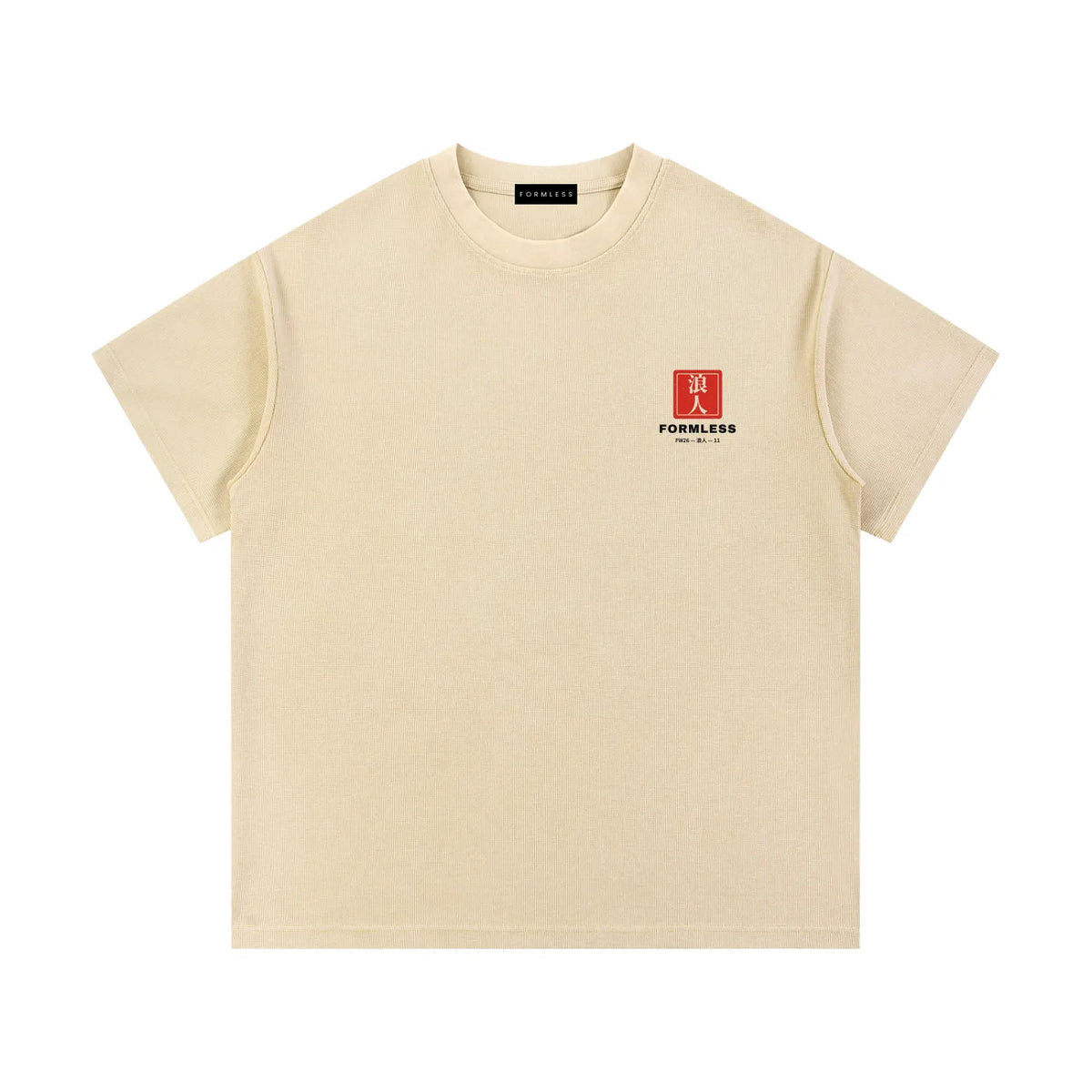 RŌNIN washed waffle knit tee in Light Apricot, front with left-chest seal | Formless