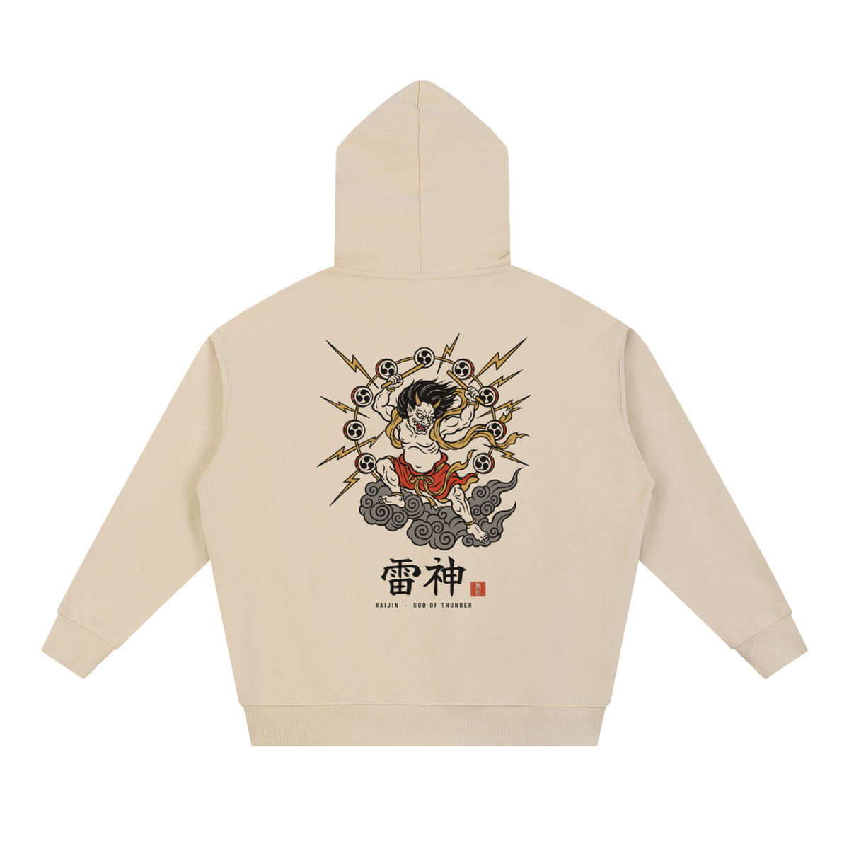 RAIJIN 雷神 heavyweight hoodie in Apricot, back with thunder god print