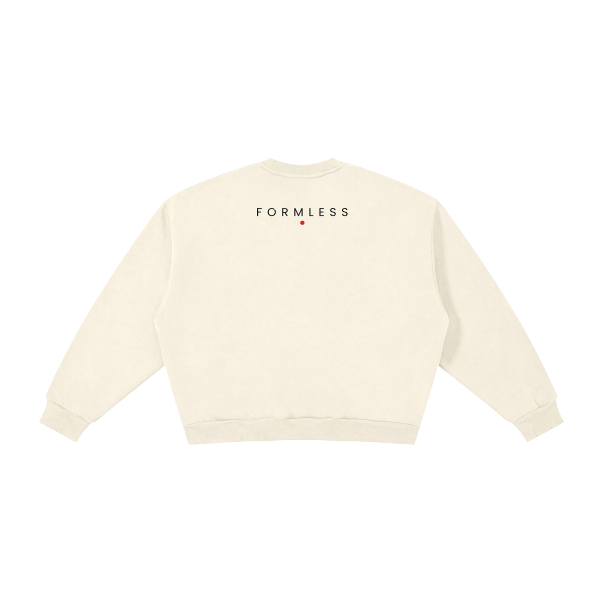RAMEN GIRL 拉麺 boxy fleece sweatshirt in Apricot, back view: small FORMLESS wordmark with a red sun dot | Formless
