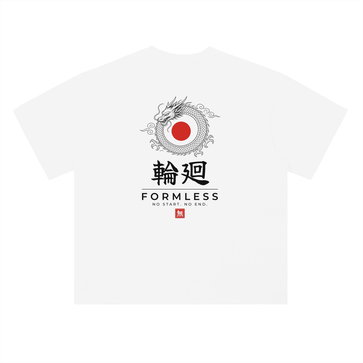 RINNE heavyweight boxy graphic tee in White, flat back view with coiled dragon and red sun print | Formless
