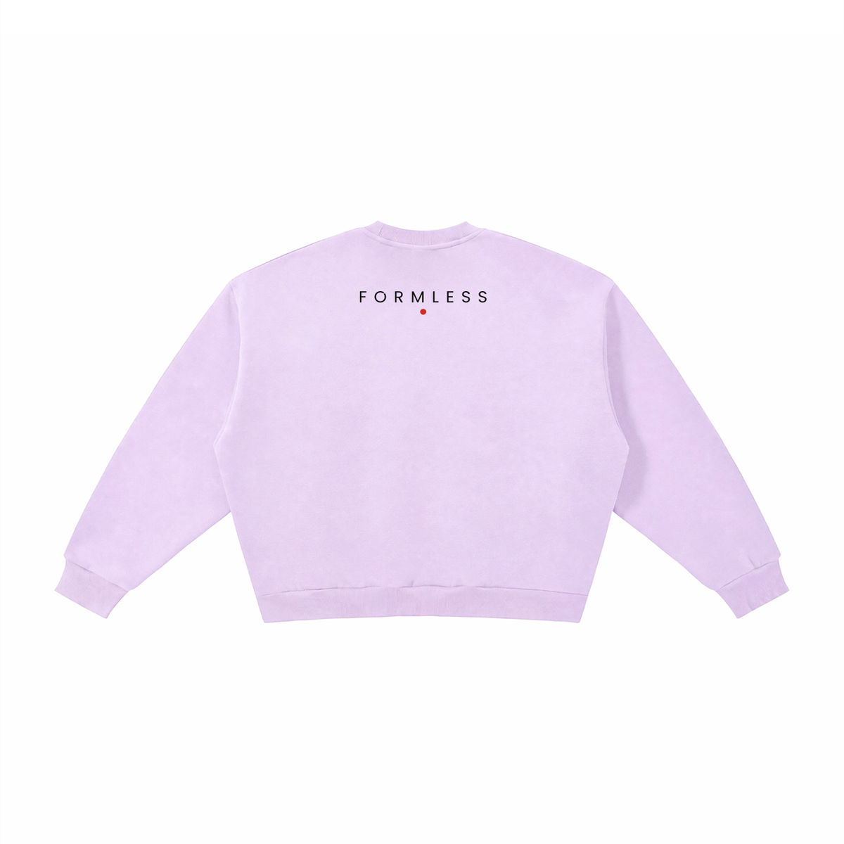 RAMEN GIRL 拉麺 boxy fleece sweatshirt in Light Purple, back view: small FORMLESS wordmark with a red sun dot | Formless