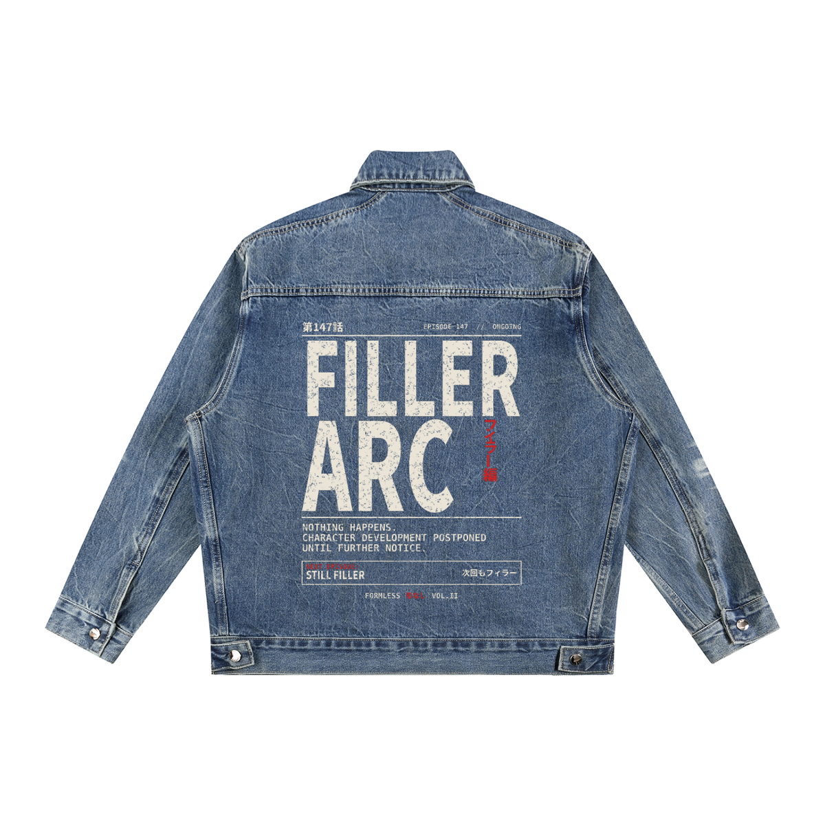 FILLER ARC vintage wash zip-up denim jacket in Blue, flat back view with FILLER ARC print | Formless
