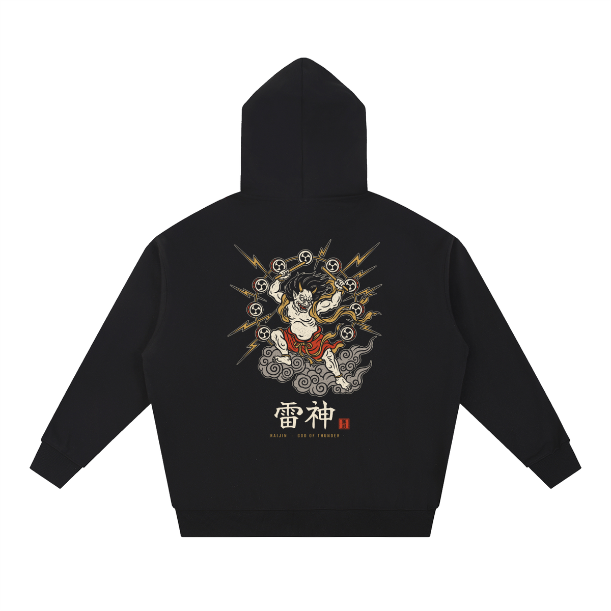 RAIJIN 雷神 heavyweight hoodie in Black, back with thunder god print
