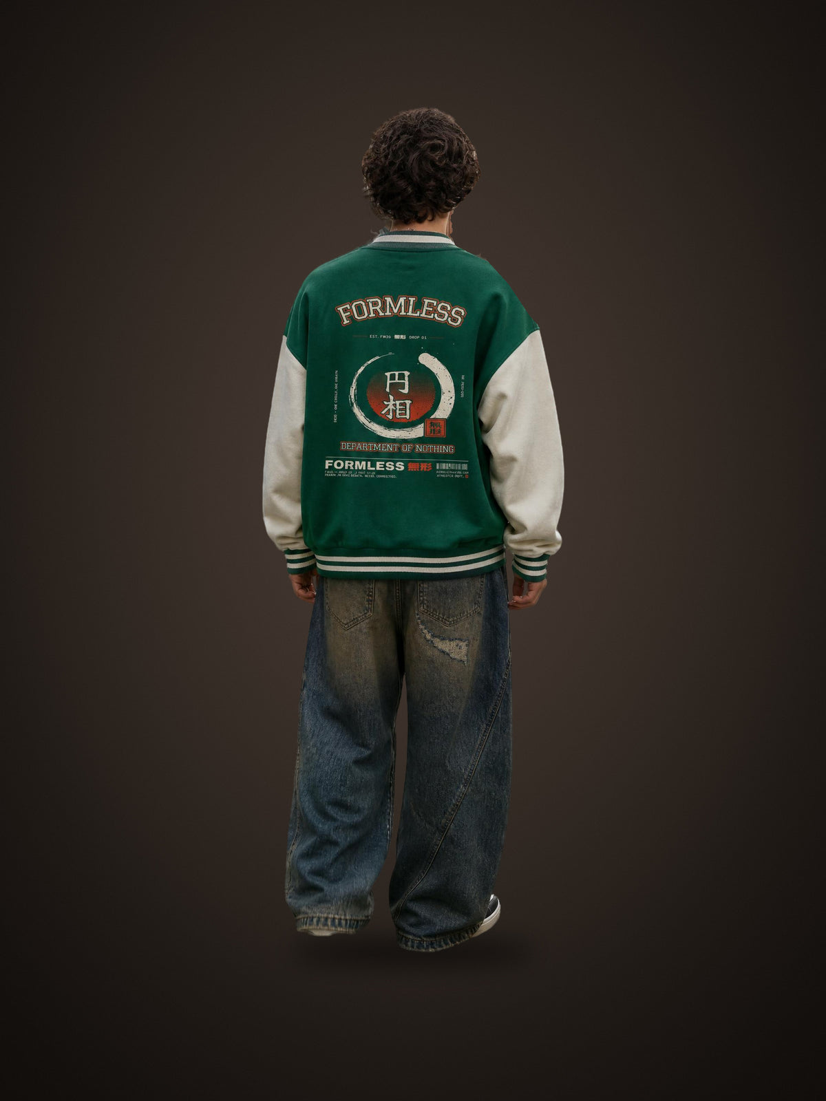 ENSŌ two-tone varsity jacket in Green with White worn by a model, back view with arched FORMLESS, ensō and DEPARTMENT OF NOTHING print | Formless