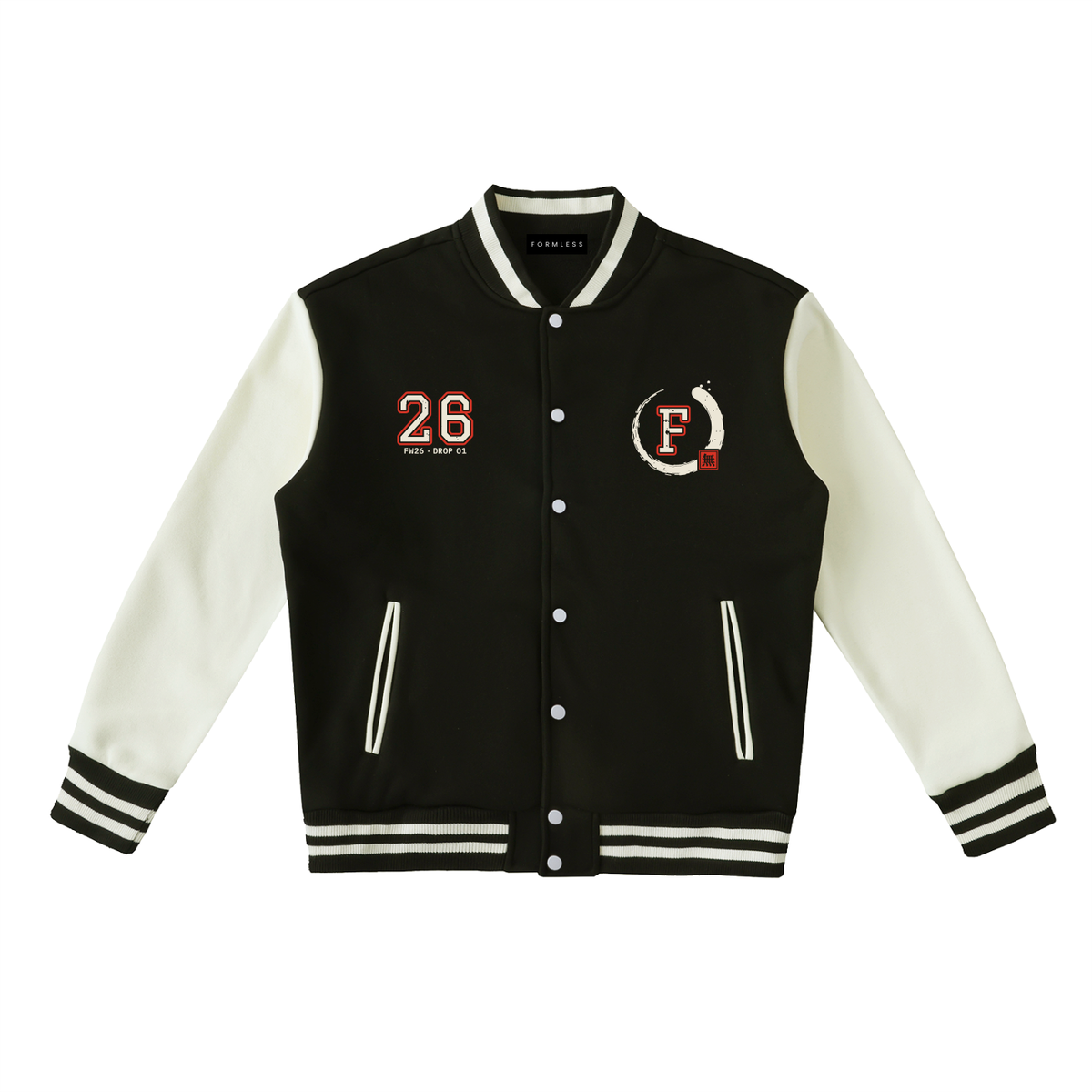 ENSŌ two-tone varsity jacket in black with white sleeves, front view with collegiate 26 and ensō F crest | Formless