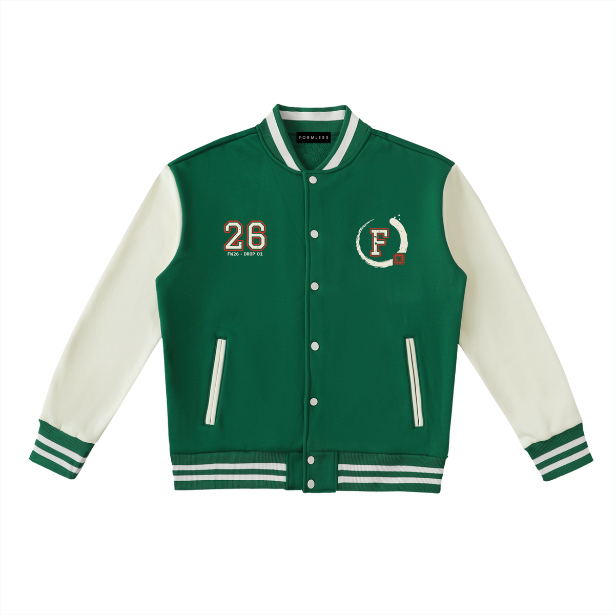 ENSŌ two-tone varsity jacket in green with white sleeves, front view with collegiate 26 and ensō F crest | Formless