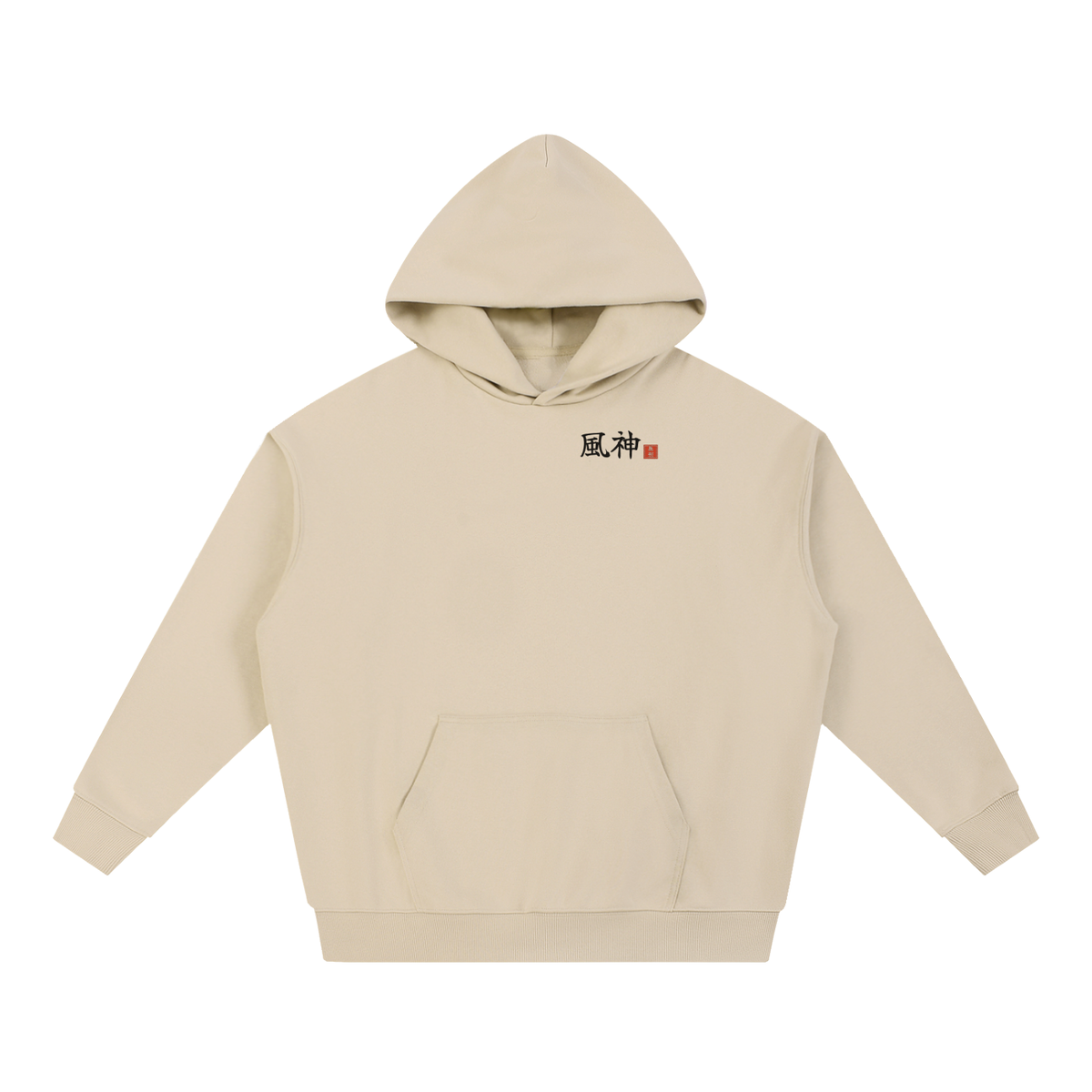 FŪJIN 風神 heavyweight hoodie in Apricot, front with kanji chest print