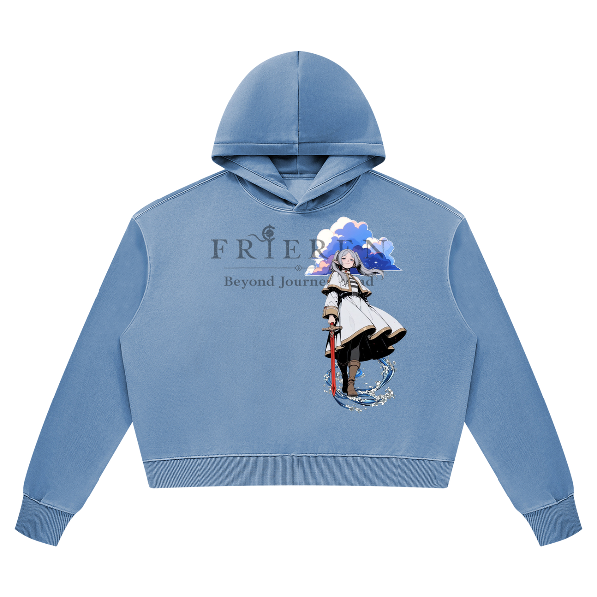 Women's vintage wash cropped hoodie in Gray Blue, flat front view with illustrated chest graphic | Formless