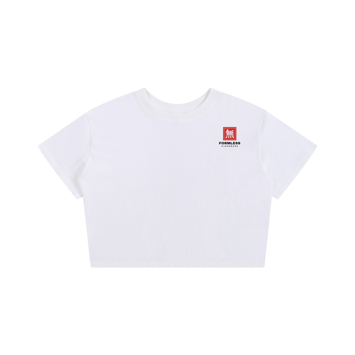 HIGANBANA women's cropped baby tee in White, flat front view with small red chest logo | Formless