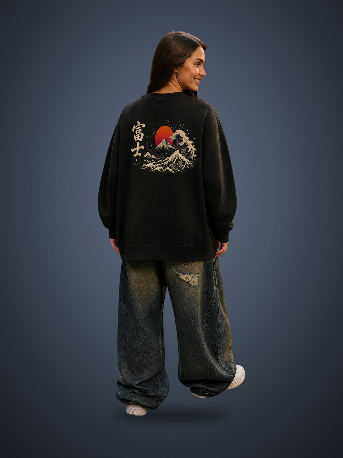 FUJI 富士 distressed sweatshirt in Black worn by a model, back view with Mt Fuji, great wave and red sunset print | Formless