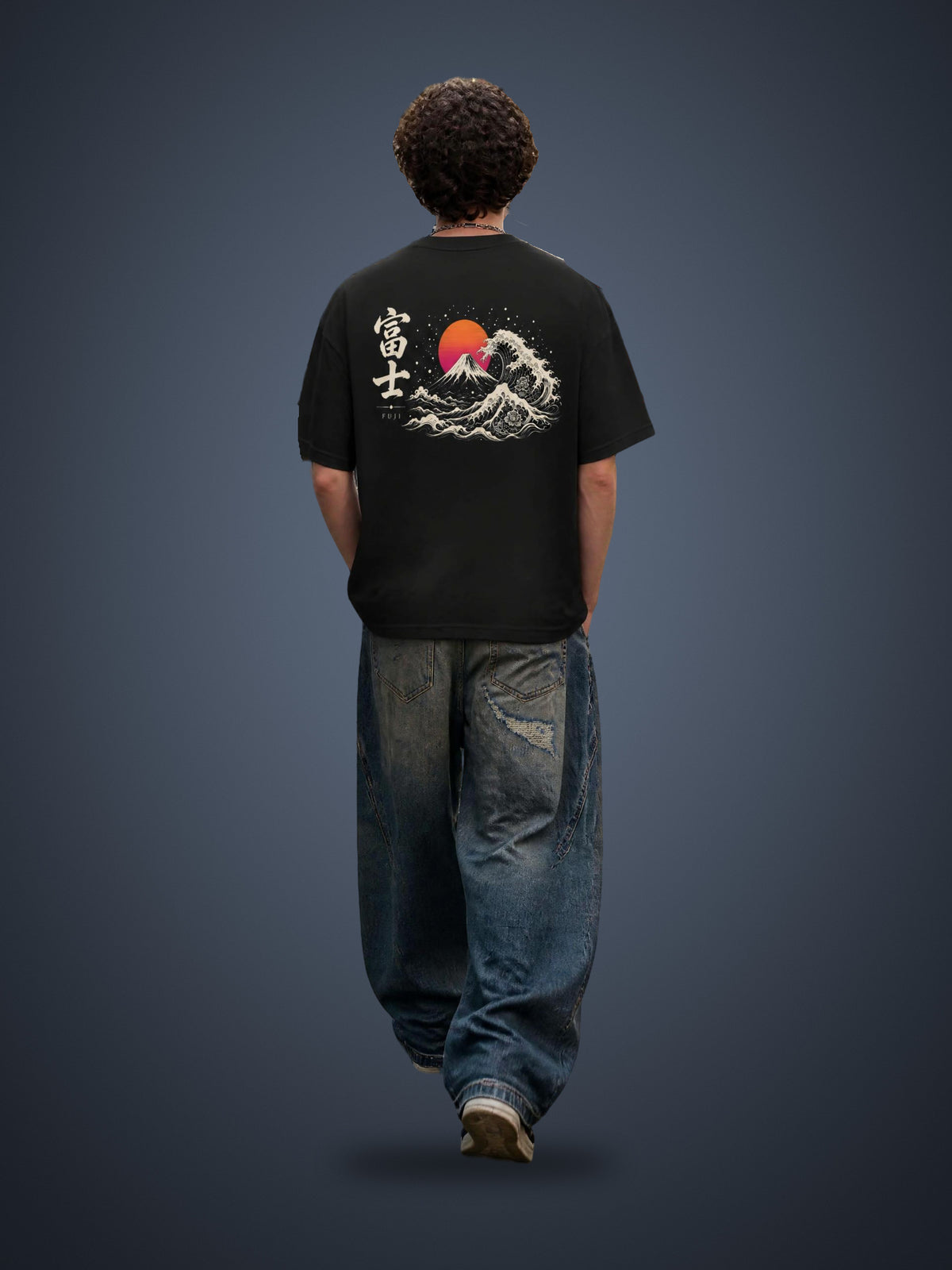 FUJI 富士 heavyweight tee in Classic Black worn by a model, back view with Mt Fuji, great wave and red sunset print | Formless