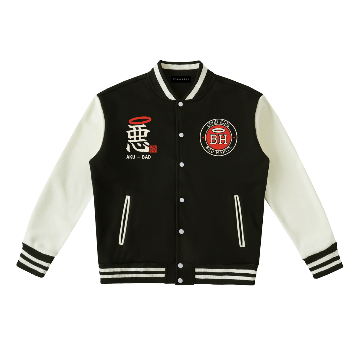 GOOD KIDS BAD HABITS two-tone varsity jacket in black with white sleeves, front view with haloed brush 悪 kanji and round GOOD KIDS · BAD HABITS BH crest | Formless