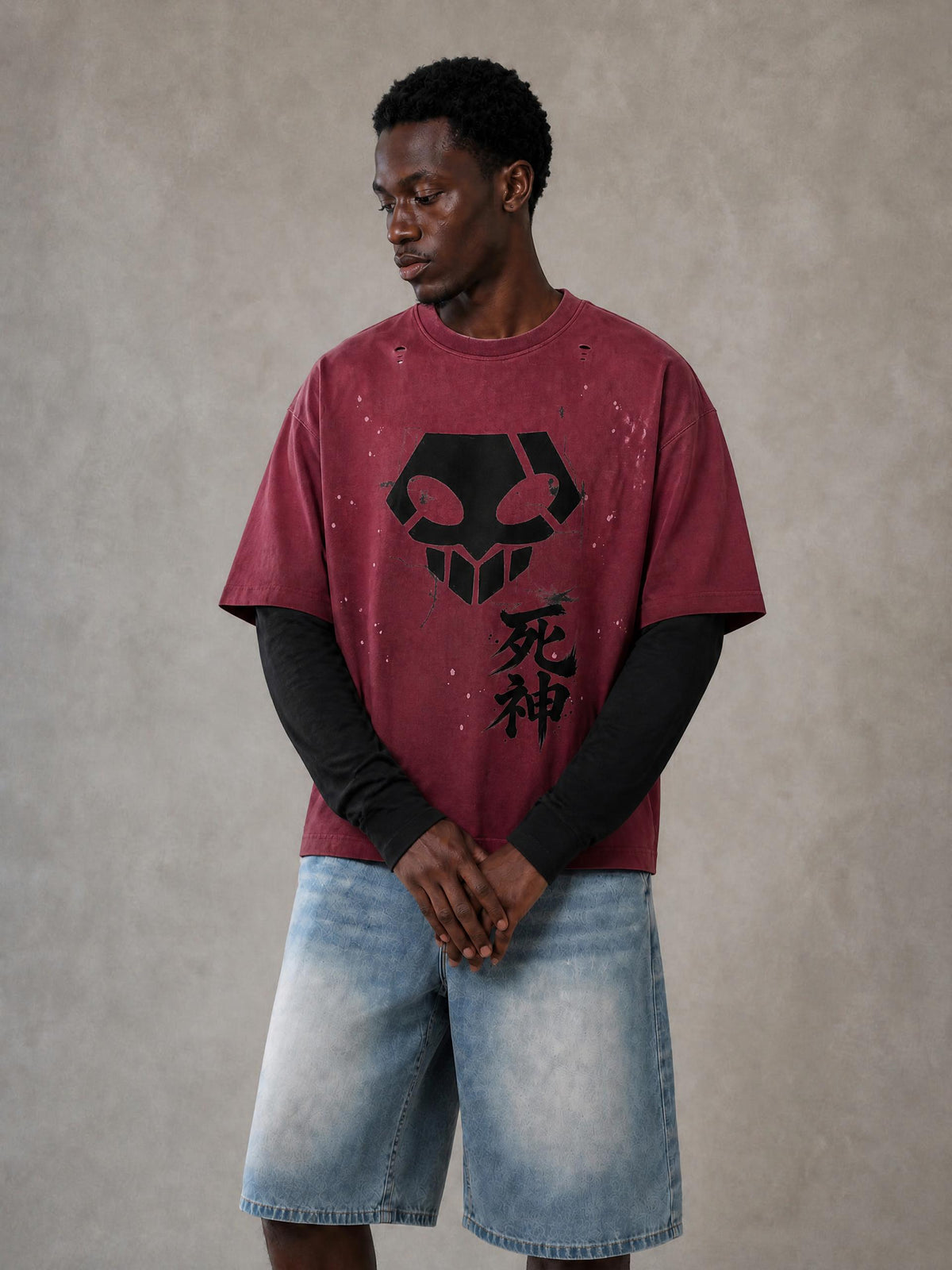 Vintage wash distressed color-block long sleeve tee – view 1 | Formless