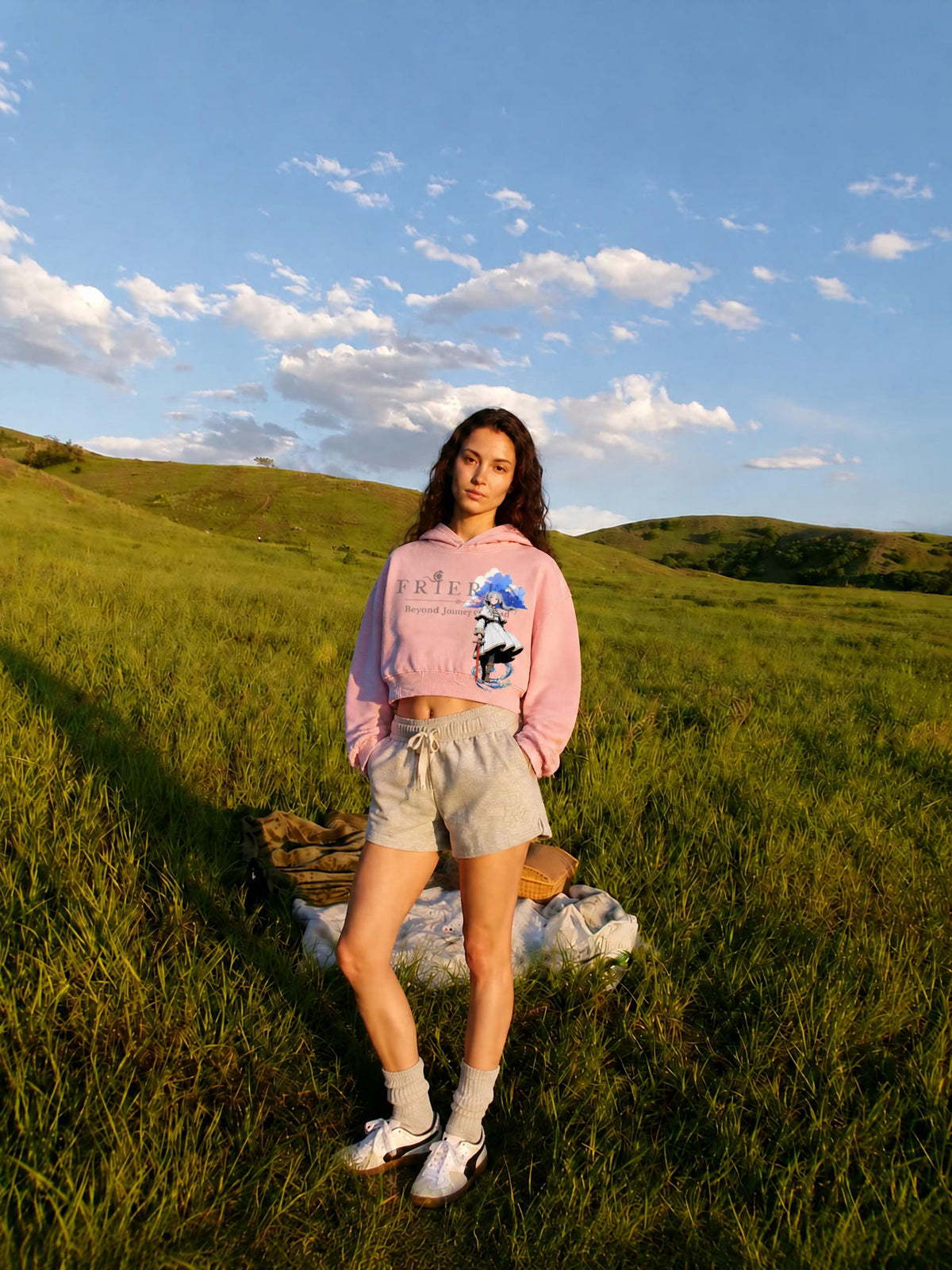 Women's vintage wash cropped hoodie in Pink, worn by a model, full-length front view | Formless