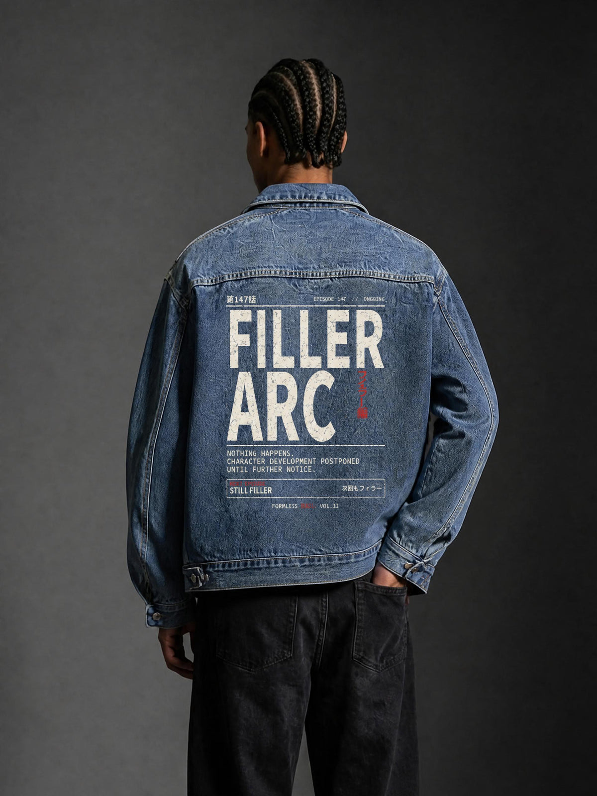 FILLER ARC vintage wash zip-up denim jacket in Blue, worn by a model, back view with large FILLER ARC print | Formless