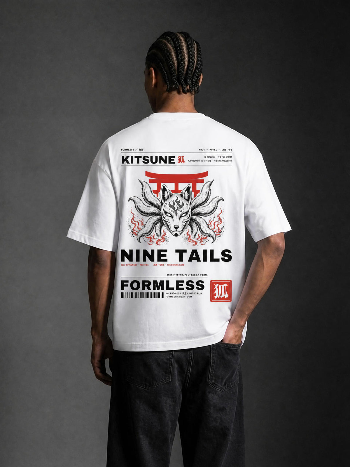 KITSUNE heavyweight boxy tee in White, back view | Formless