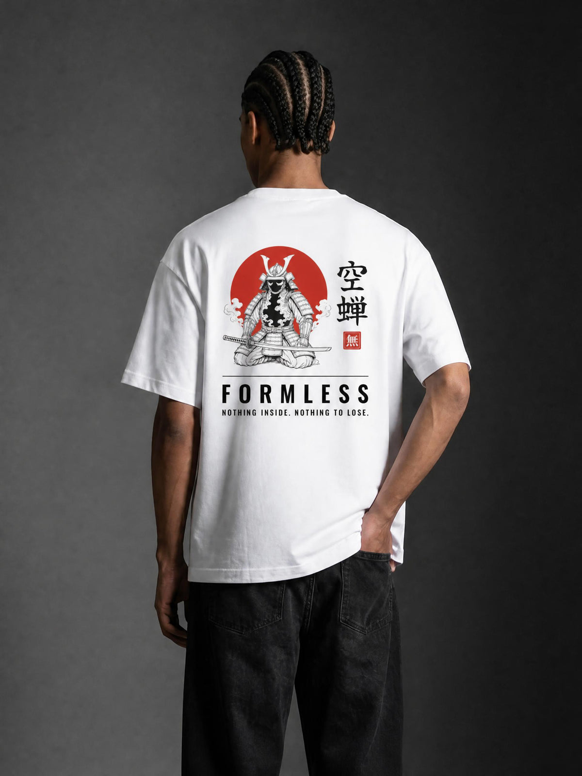 UTSUSEMI heavyweight boxy graphic tee in White, worn by a model, back view with samurai armour and red sun print | Formless