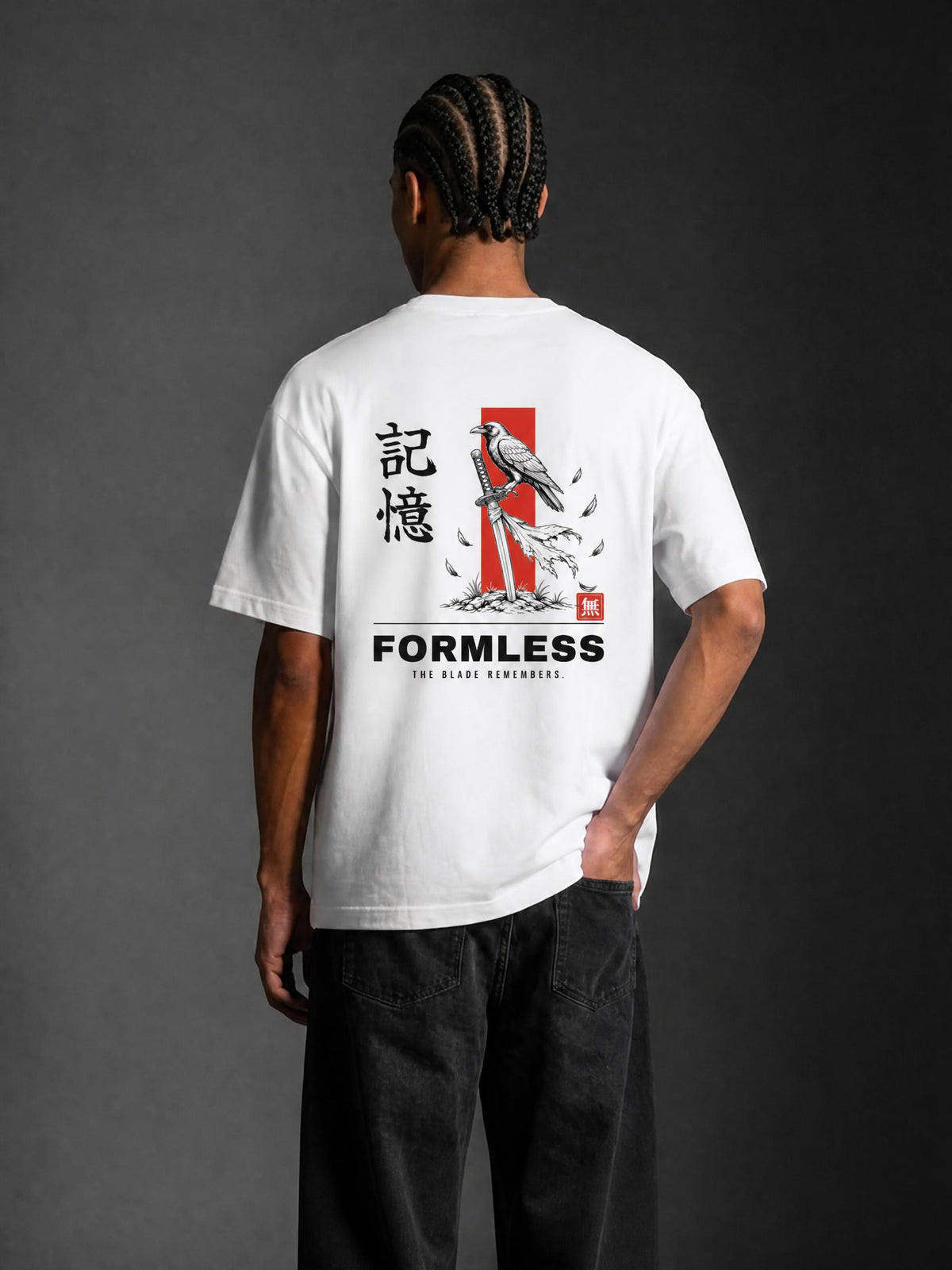 KIOKU heavyweight boxy graphic tee in White, worn by a model, back view with crow and katana print | Formless
