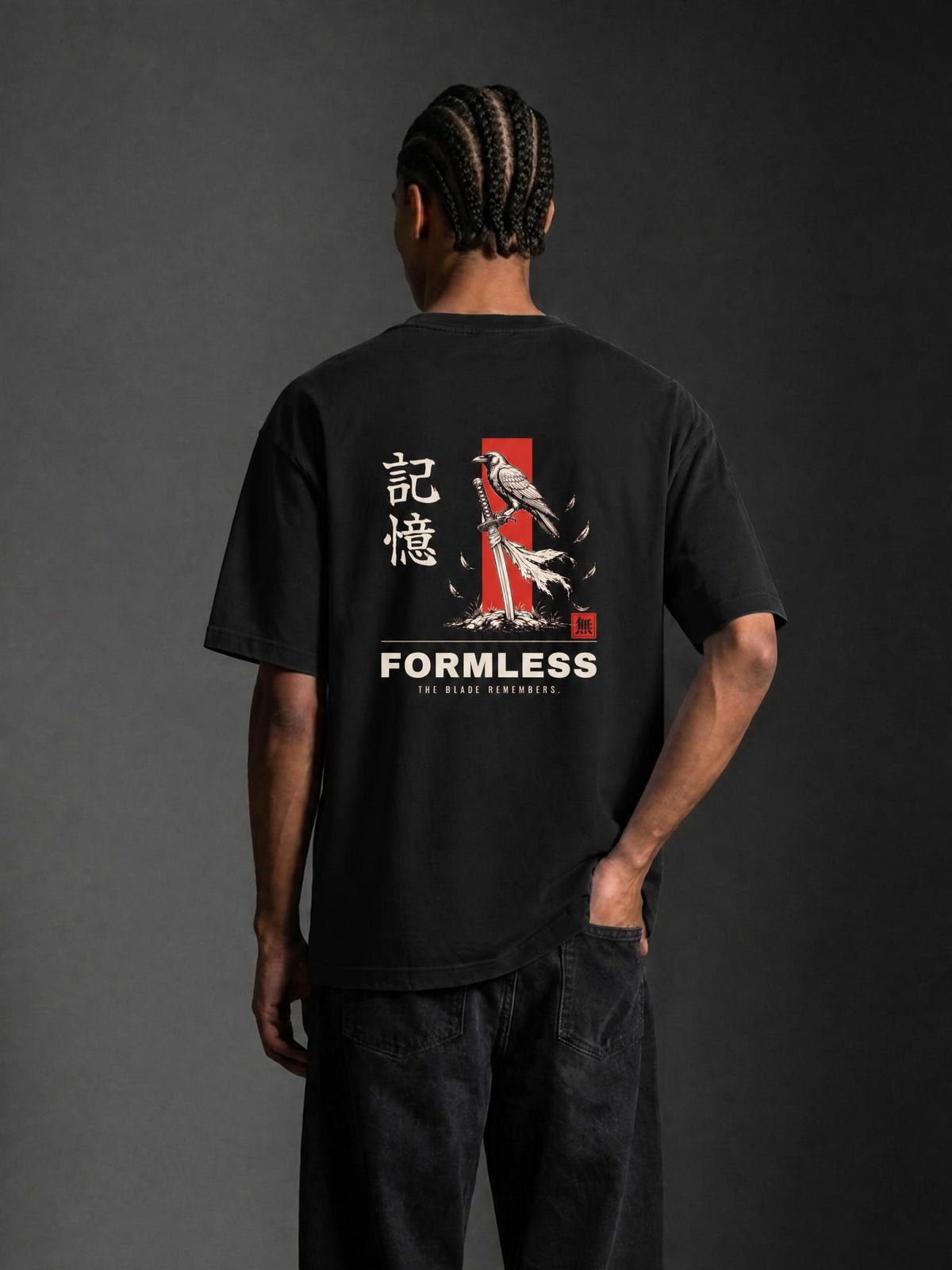 KIOKU heavyweight boxy graphic tee in Black, worn by a model, back view with crow and katana print | Formless