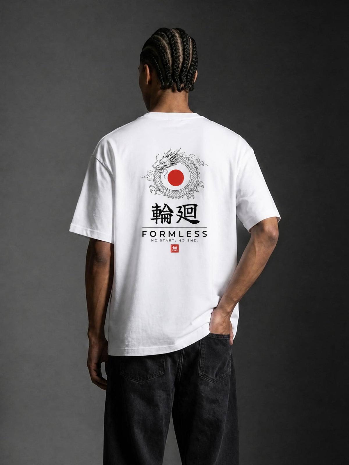 RINNE heavyweight boxy graphic tee in White, worn by a model, back view with coiled dragon and red sun print | Formless