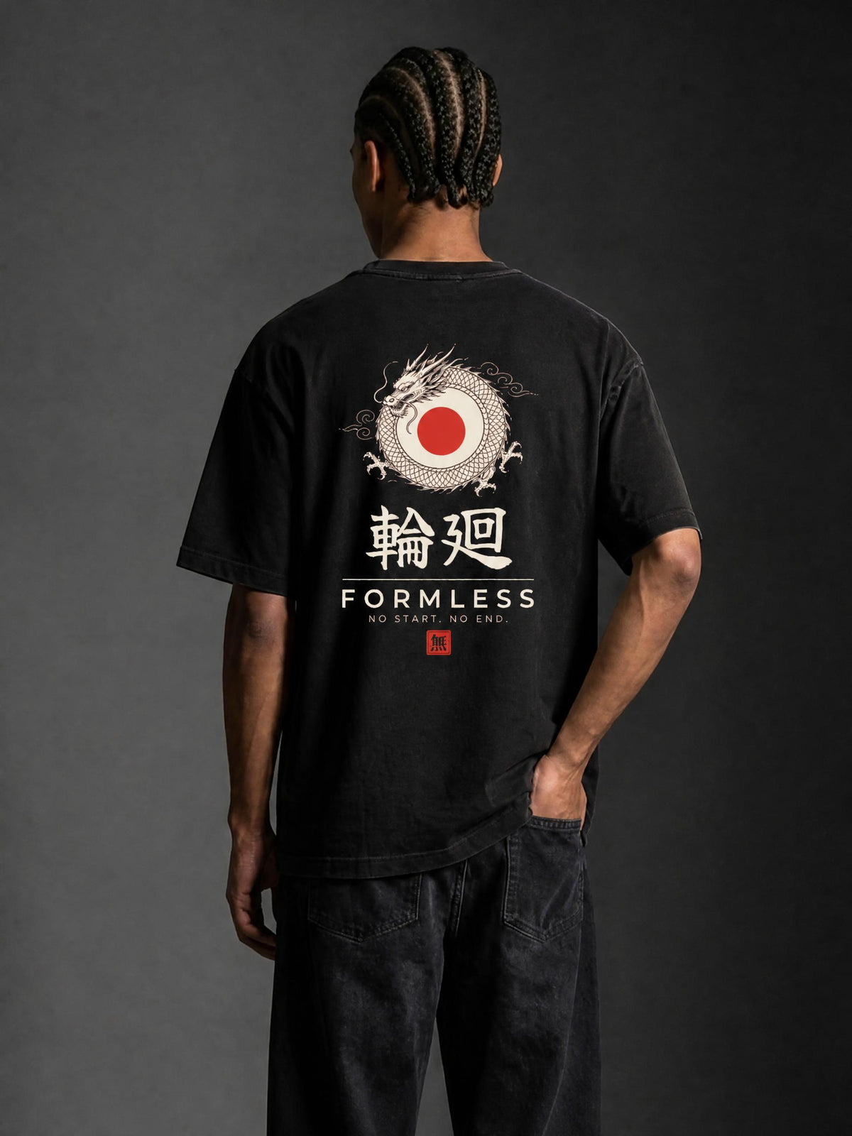 RINNE heavyweight boxy graphic tee in Black, worn by a model, back view with coiled dragon and red sun print | Formless
