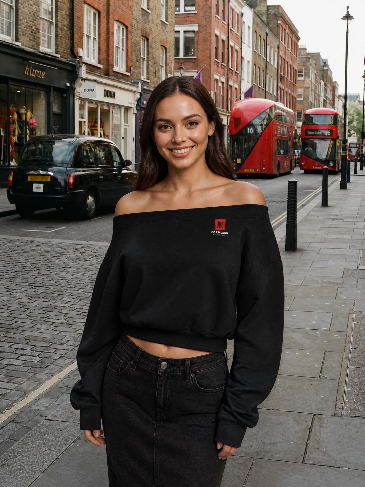 USHIROSUGATA off-shoulder sweatshirt in Black worn by a model on a city street, front view with small FORMLESS chest seal and cropped fit | Formless