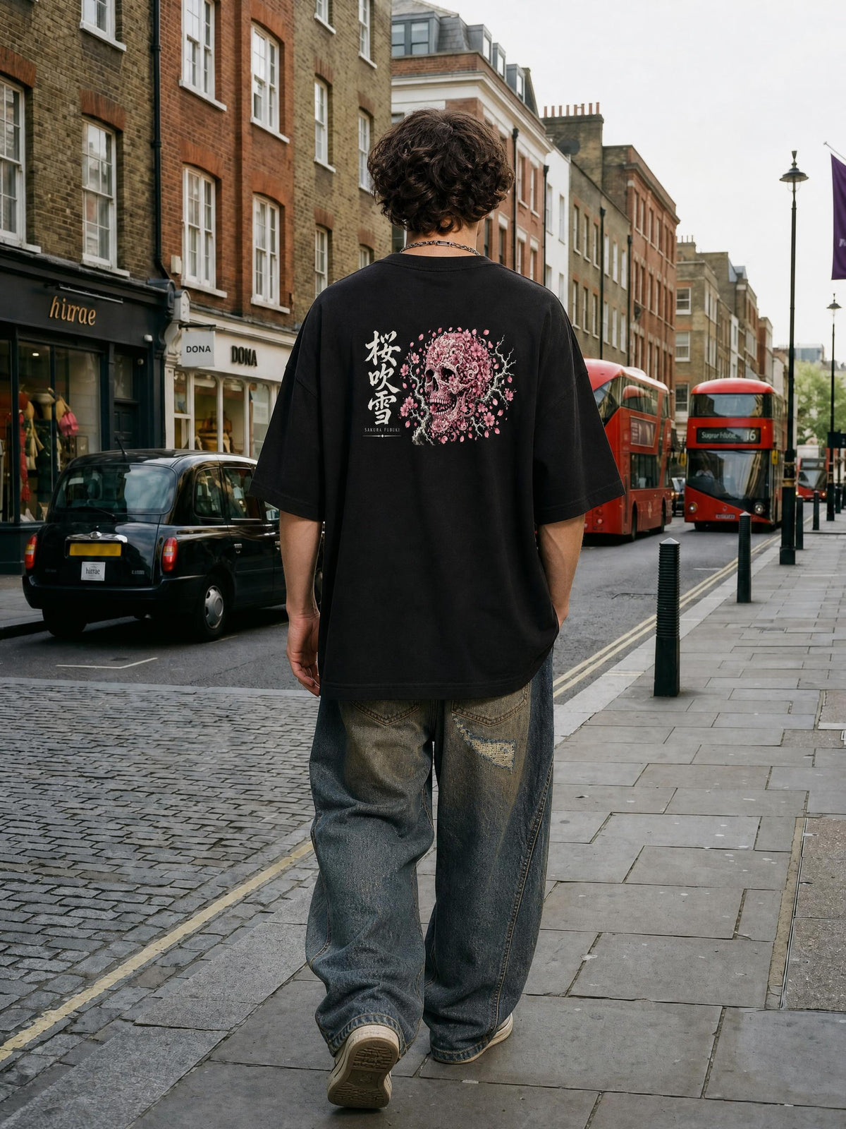 SAKURA FUBUKI 桜吹雪 heavyweight tee in Black worn by a model on a city street, back view with cherry blossom skull and 桜吹雪 print | Formless