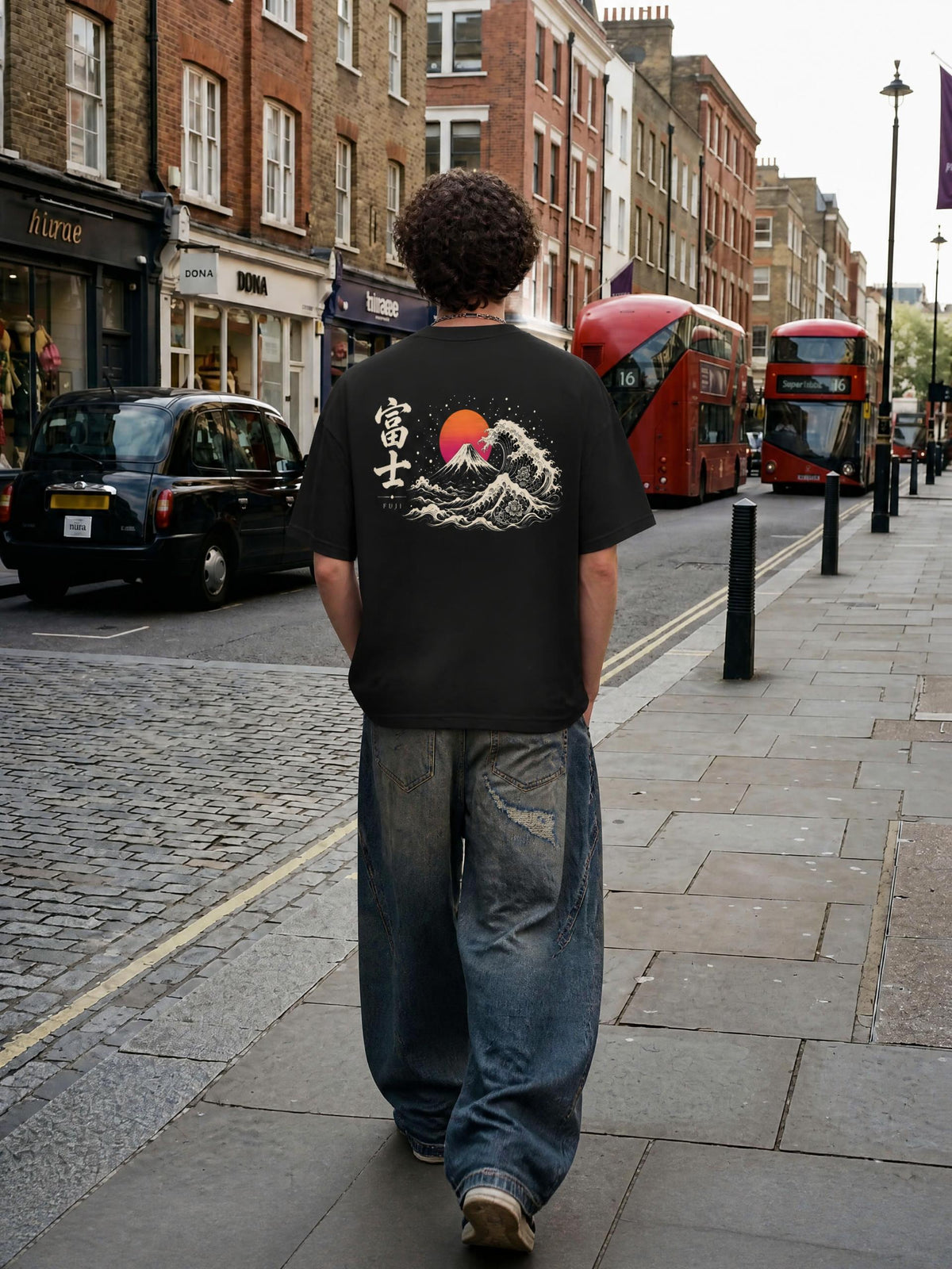 FUJI 富士 heavyweight tee in Black worn by a model on a city street, back view with Mt Fuji, wave and 富士 print | Formless