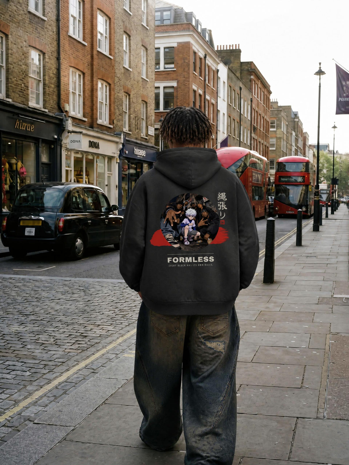 THE BLOCK mineral wash boxy zip hoodie in Dark Gray worn by a model on a city street, back view with circular street-scene, red brush band and 縄張り print | Formless