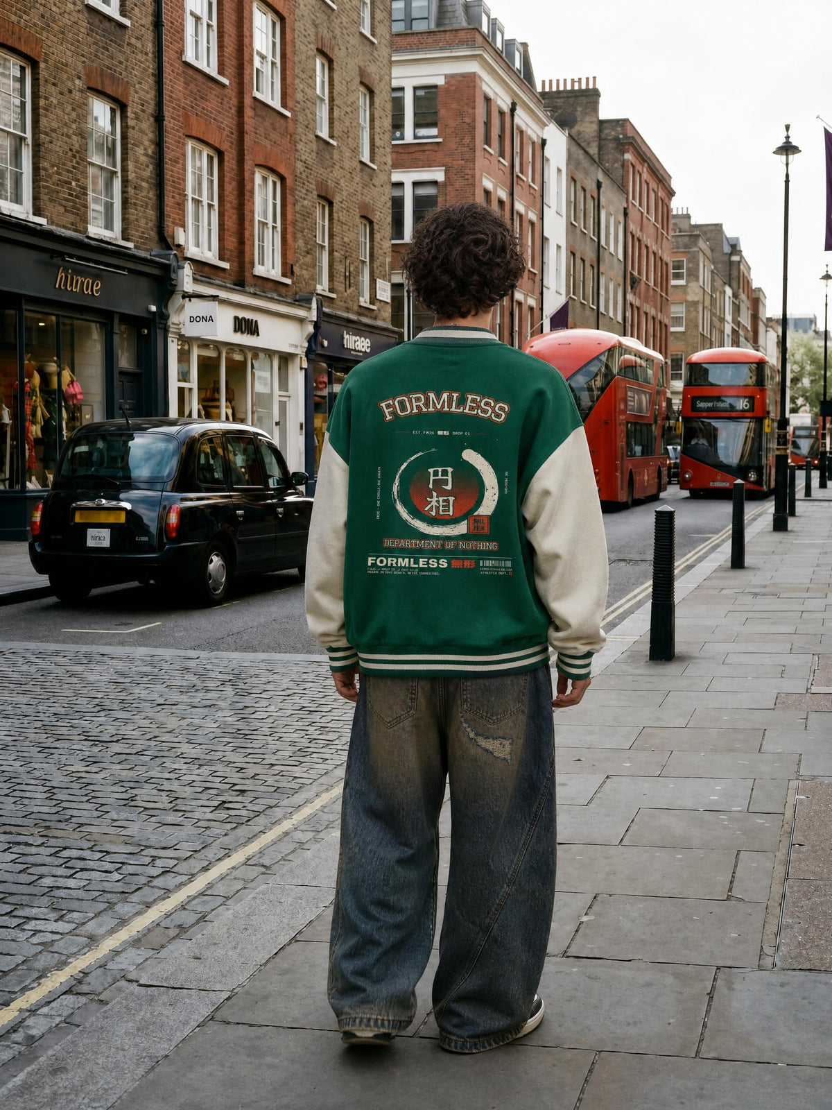 ENSŌ two-tone varsity jacket in green with white sleeves worn by a model on a city street, back view with arched FORMLESS, ensō and DEPARTMENT OF NOTHING print | Formless