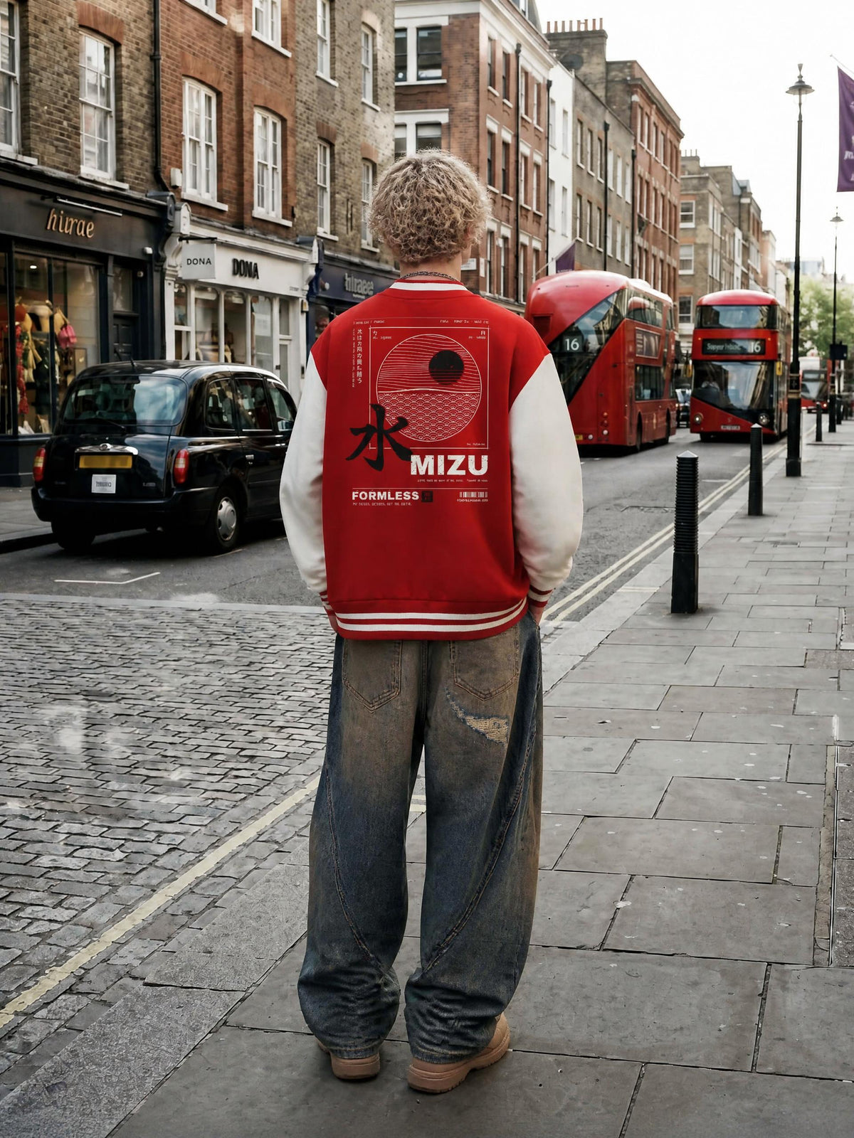 MIZU two-tone varsity jacket in red with white sleeves worn by a model on a city street, back view with black brush 水, seigaiha waves and sun print | Formless