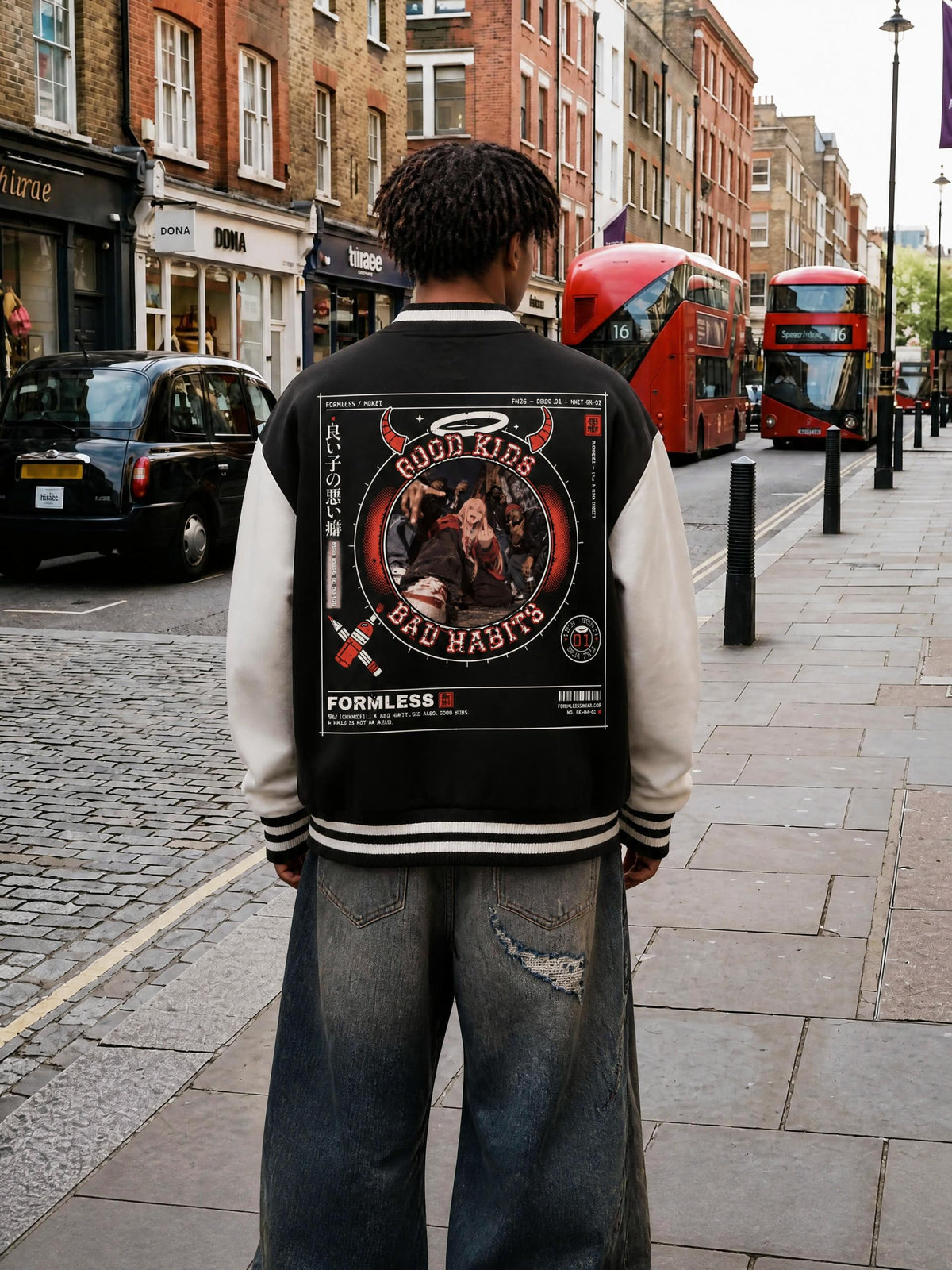 GOOD KIDS BAD HABITS two-tone varsity jacket in black with white sleeves worn by a model on a city street, back view with fisheye crew-shot ring graphic print | Formless