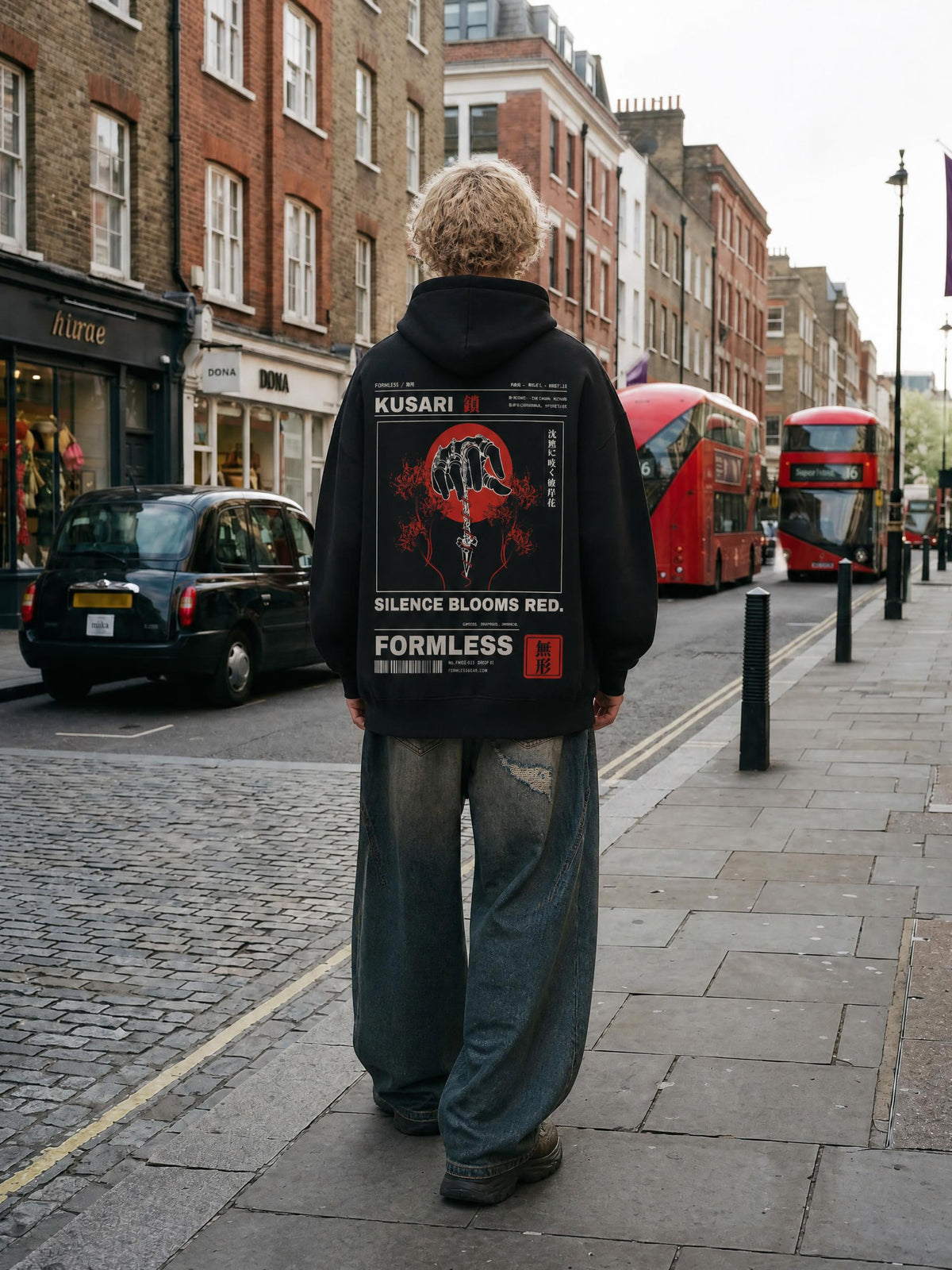 KUSARI heavyweight boxy hoodie in Black worn by a model on a city street, back view with chained hand, dagger, red sun and spider lily print | Formless