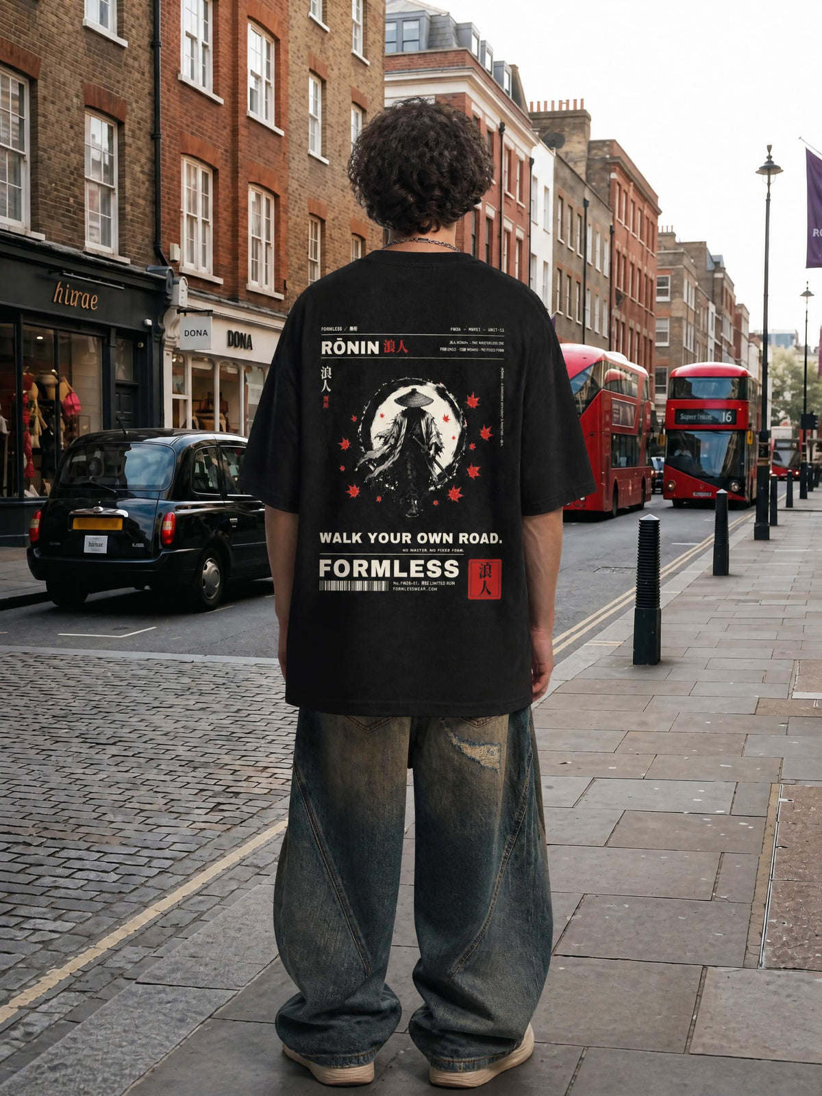 RŌNIN washed waffle knit tee in Black worn by a model on a city street, back view with wandering ronin, red sun and WALK YOUR OWN ROAD print | Formless