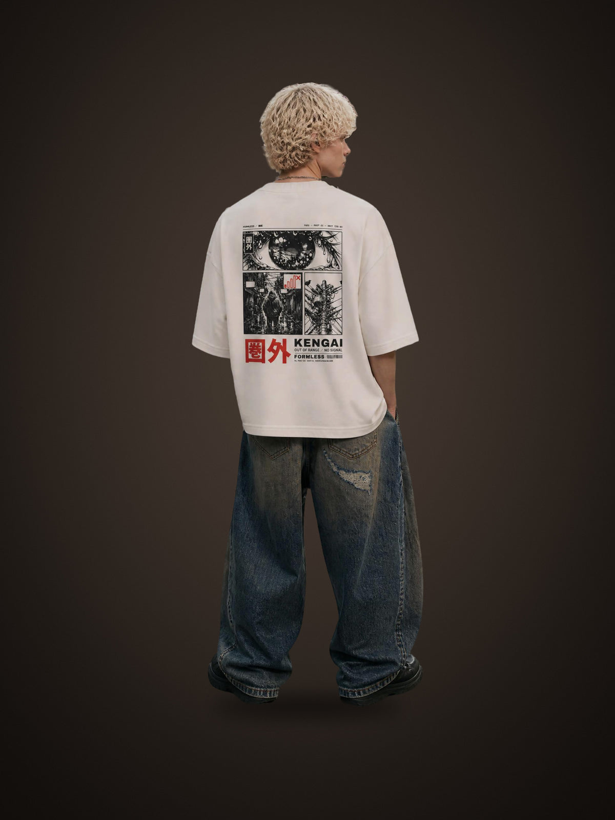 KENGAI heavyweight boxy tee in Cream worn by a model, back view with comic-panel graphic and red 圏外 print | Formless