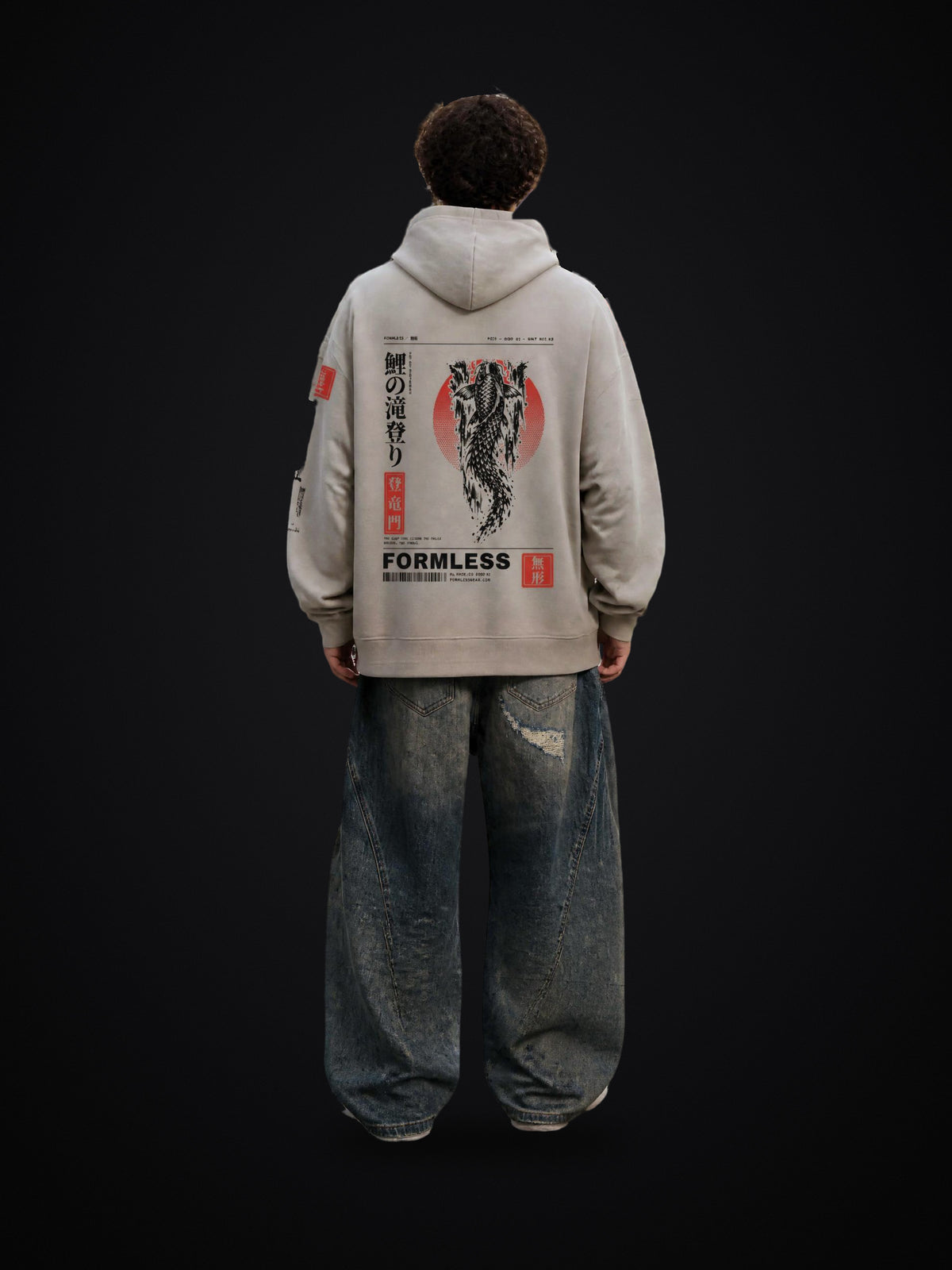 KOI heavyweight boxy hoodie in Medium Gray worn by a model, back view with koi, red sun and FORMLESS print | Formless