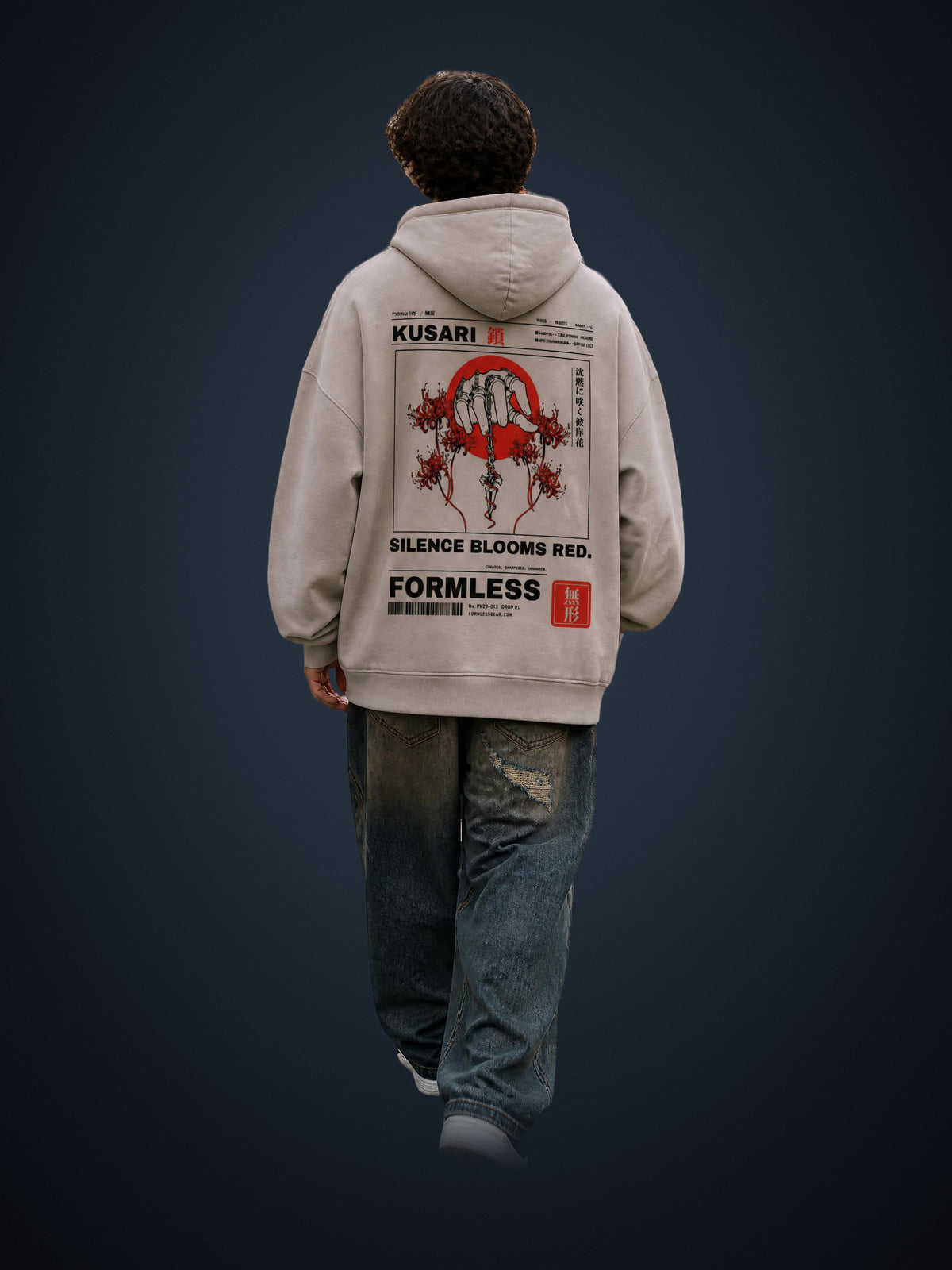 KUSARI heavyweight boxy hoodie in Medium Gray worn by a model, back view with chained hand, dagger, red sun and spider lily print | Formless