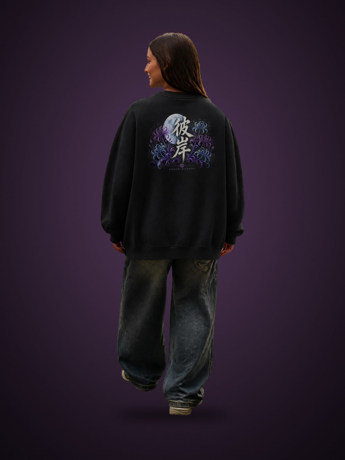 MIDNIGHT HIGANBANA 彼岸 distressed sweatshirt in Black worn by a model, back view with violet spider lily print | Formless