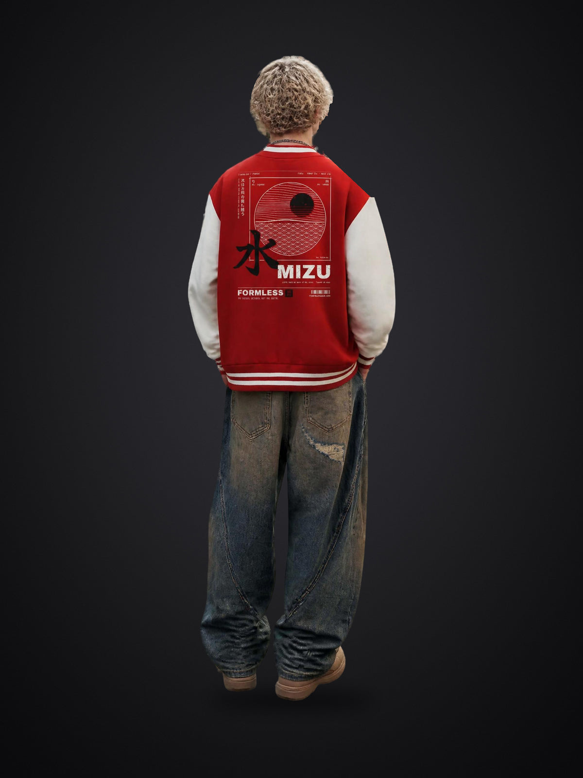 MIZU two-tone varsity jacket in Red with White worn by a model, back view with black brush 水, seigaiha waves and sun print | Formless