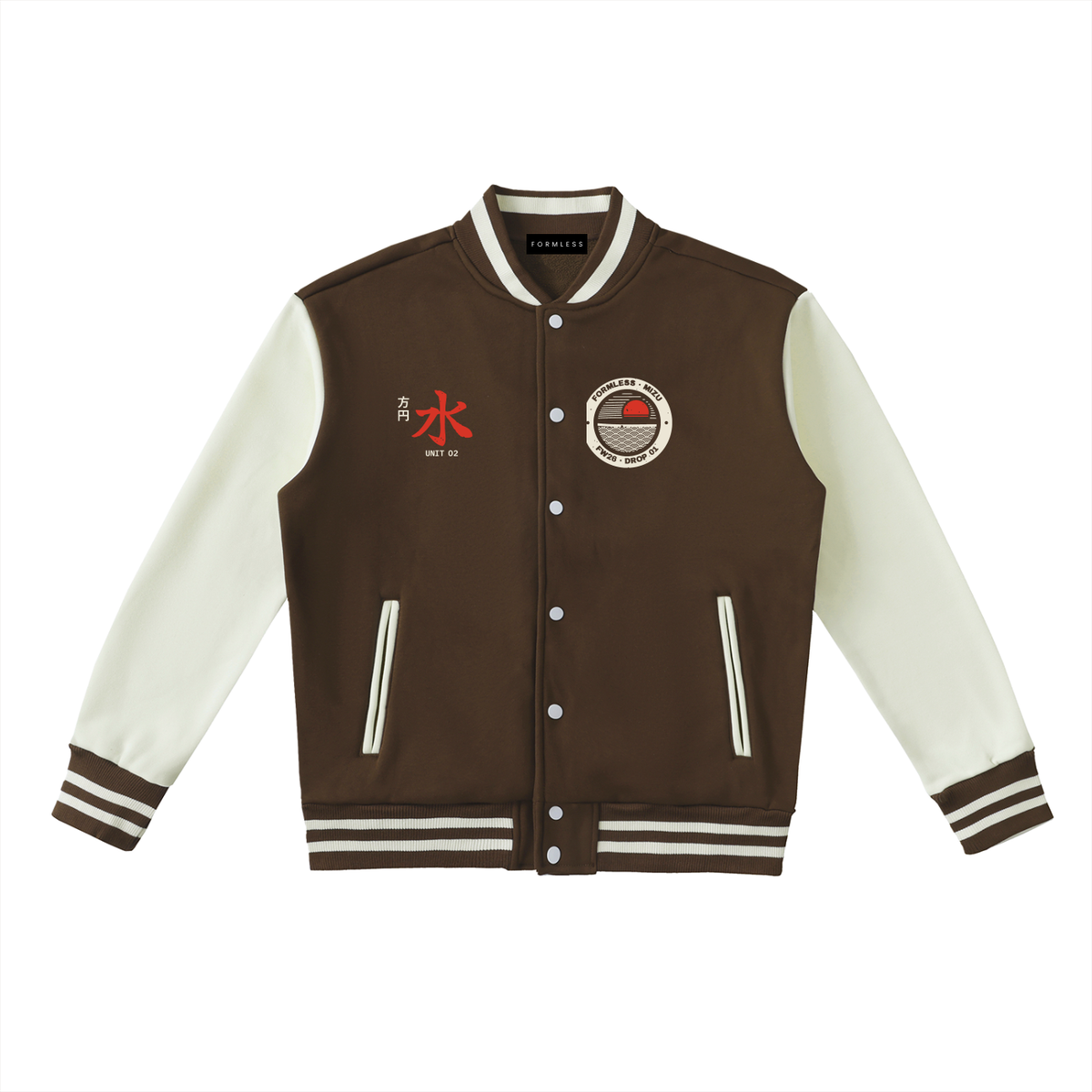 MIZU two-tone varsity jacket in coffee with white sleeves, front view with brush 水 kanji and round FORMLESS · MIZU wave crest | Formless