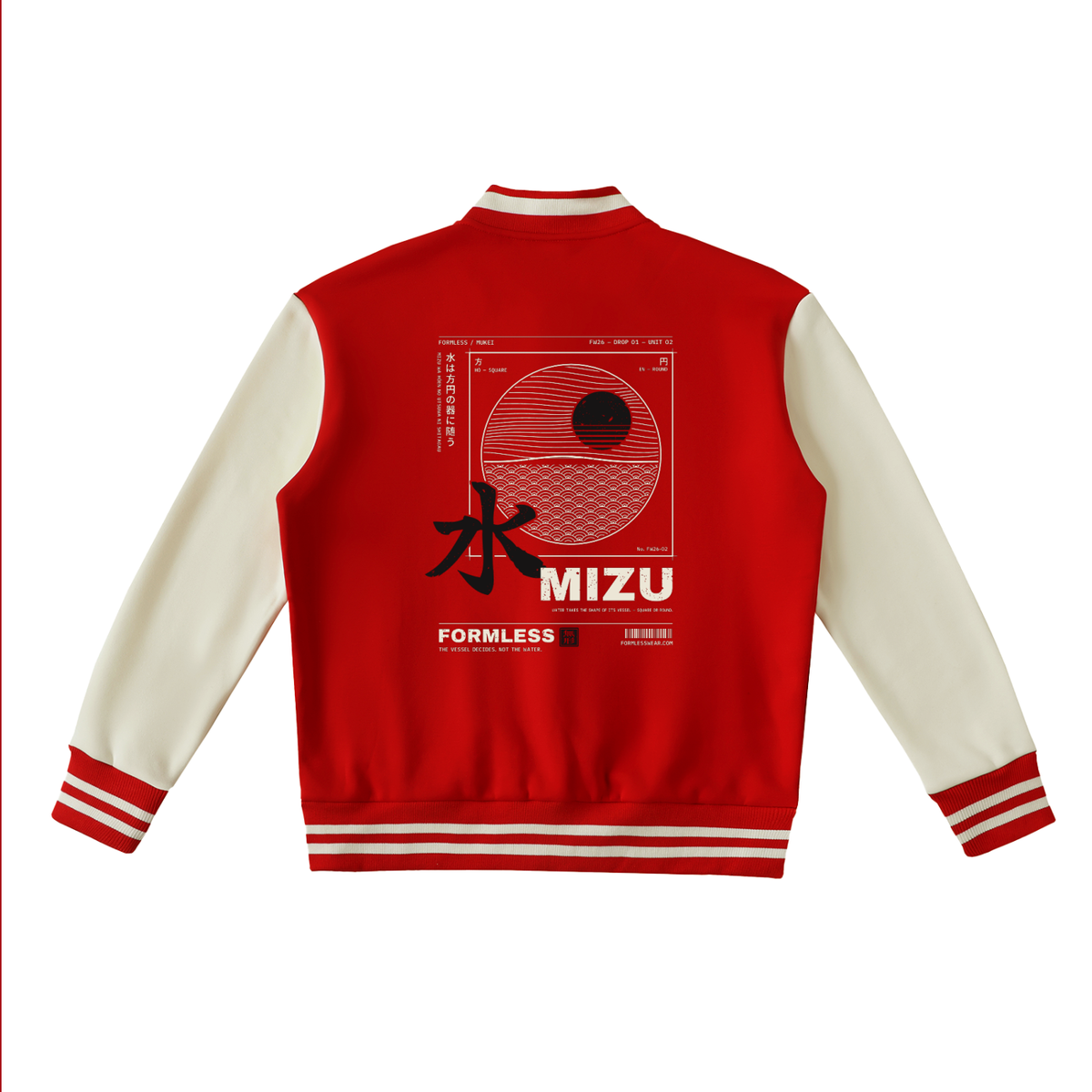 MIZU varsity jacket in red with white sleeves, back view with a giant brush 水 breaking out of a square frame of seigaiha waves and a striped sun | Formless
