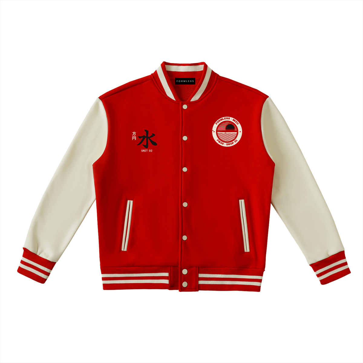 MIZU two-tone varsity jacket in red with white sleeves, front view with brush 水 kanji in black ink and round FORMLESS · MIZU wave crest | Formless