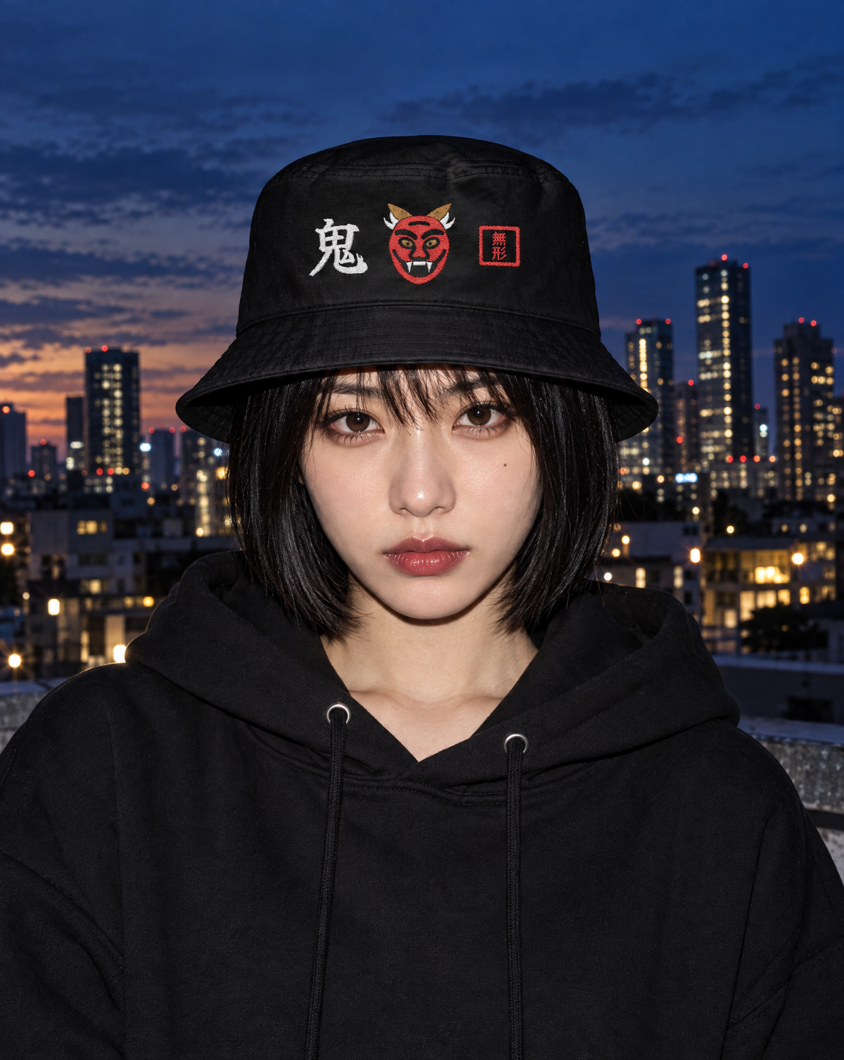 Black Formless 鬼 ONI embroidered bucket hat worn by a model, front view showing the white 鬼 kanji, red oni mask and red 無形 seal against a city skyline at dusk | Formless