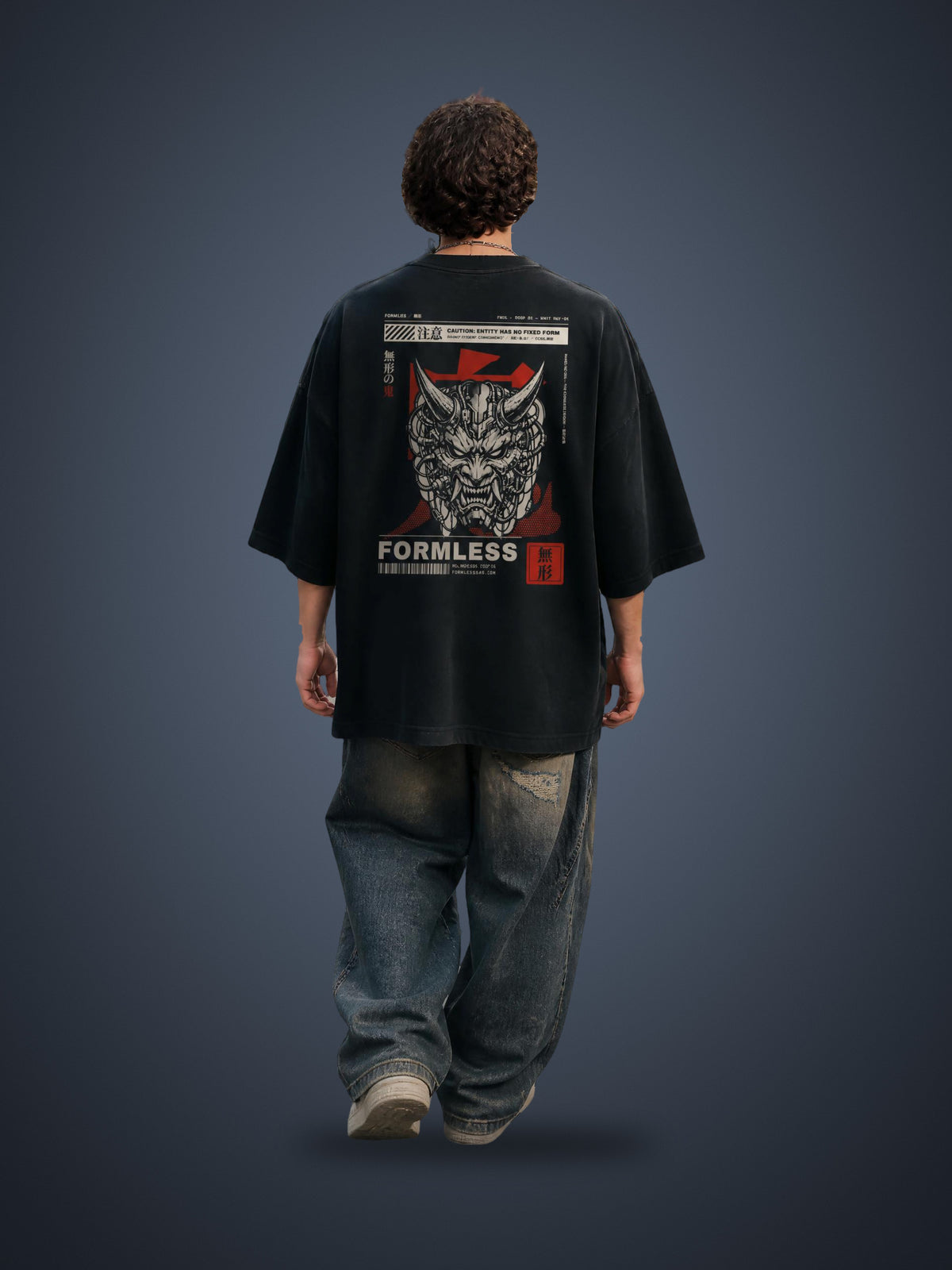 ONI heavyweight vintage washed frayed tee in Black worn by a model, back view with horned oni mask and FORMLESS print | Formless
